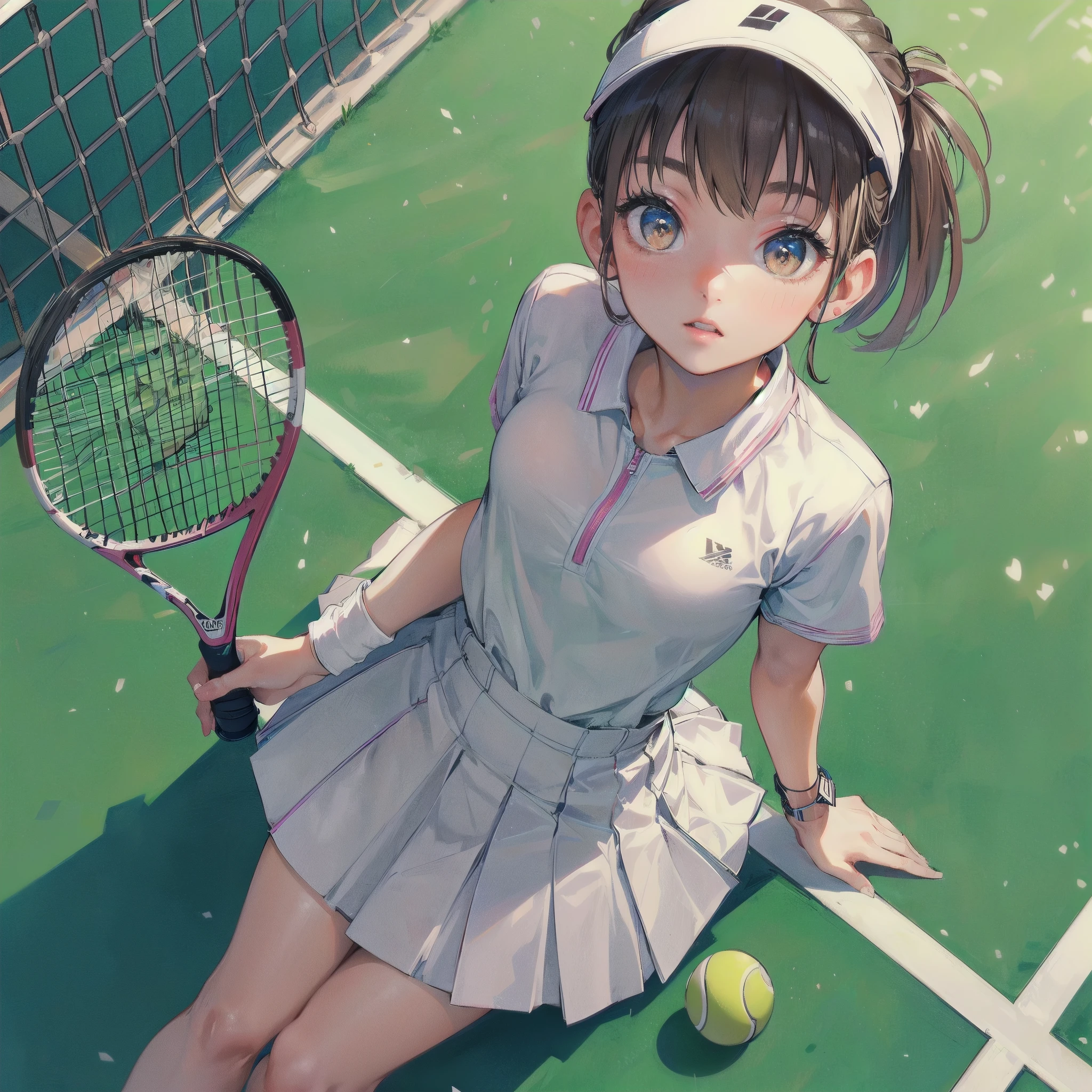 high quality,HD,16k,sharp lines,1 girl,Female tennis athlete ,cute face, large breasts, nice legs,At the tennis venue,focus girl,detailed beautiful face,detailed clothes,beautiful eyes,cool,dynamic angle