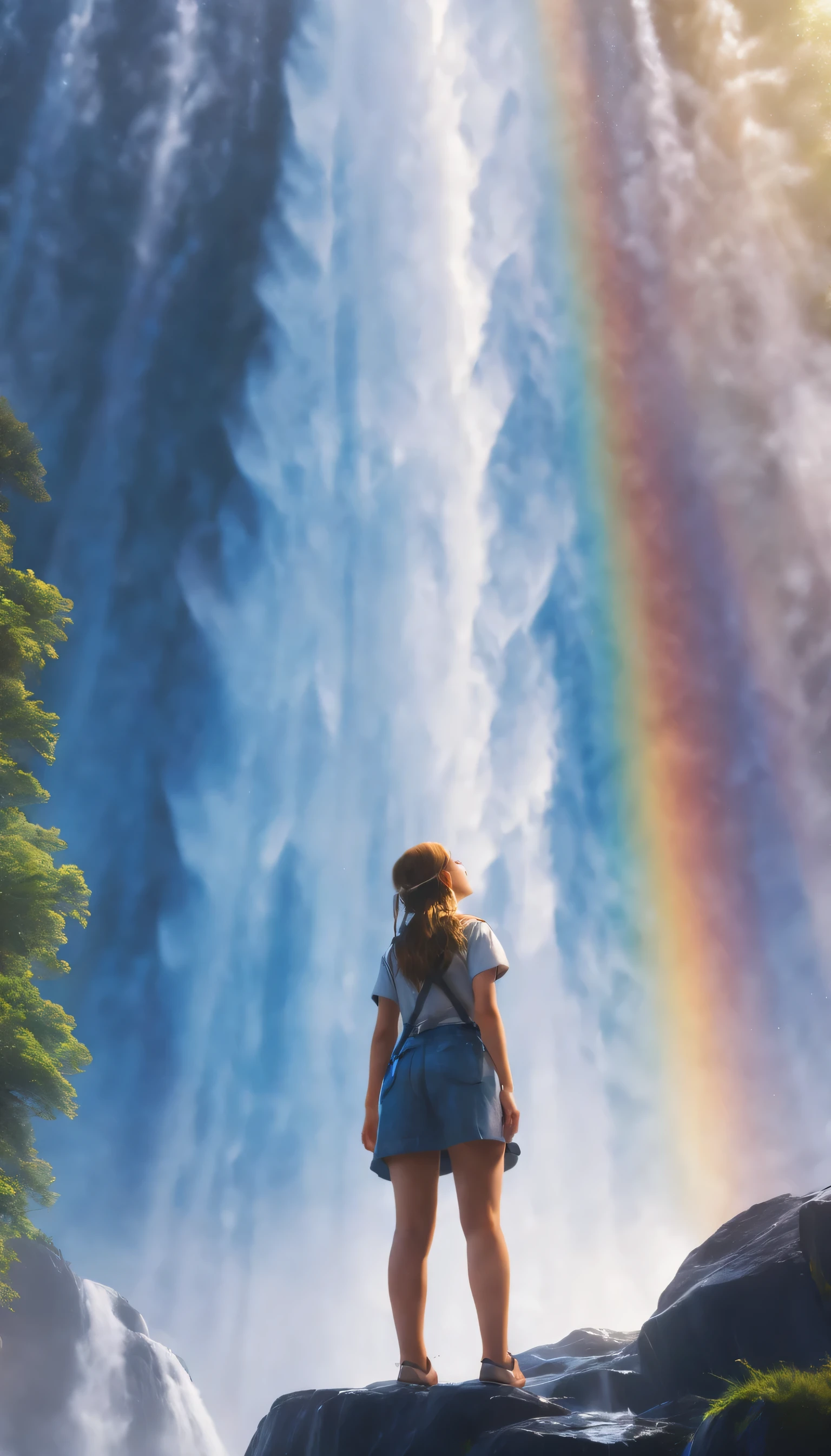 low angle view,The girl standing in front of the huge waterfall looks up,water vapor rising,rainbow,sun glare spots,realistic raytracing,True light reflection,real light refraction,Ultra-fine,Surreal,Super dreamy,extreme portrayal,8k,masterpiece,