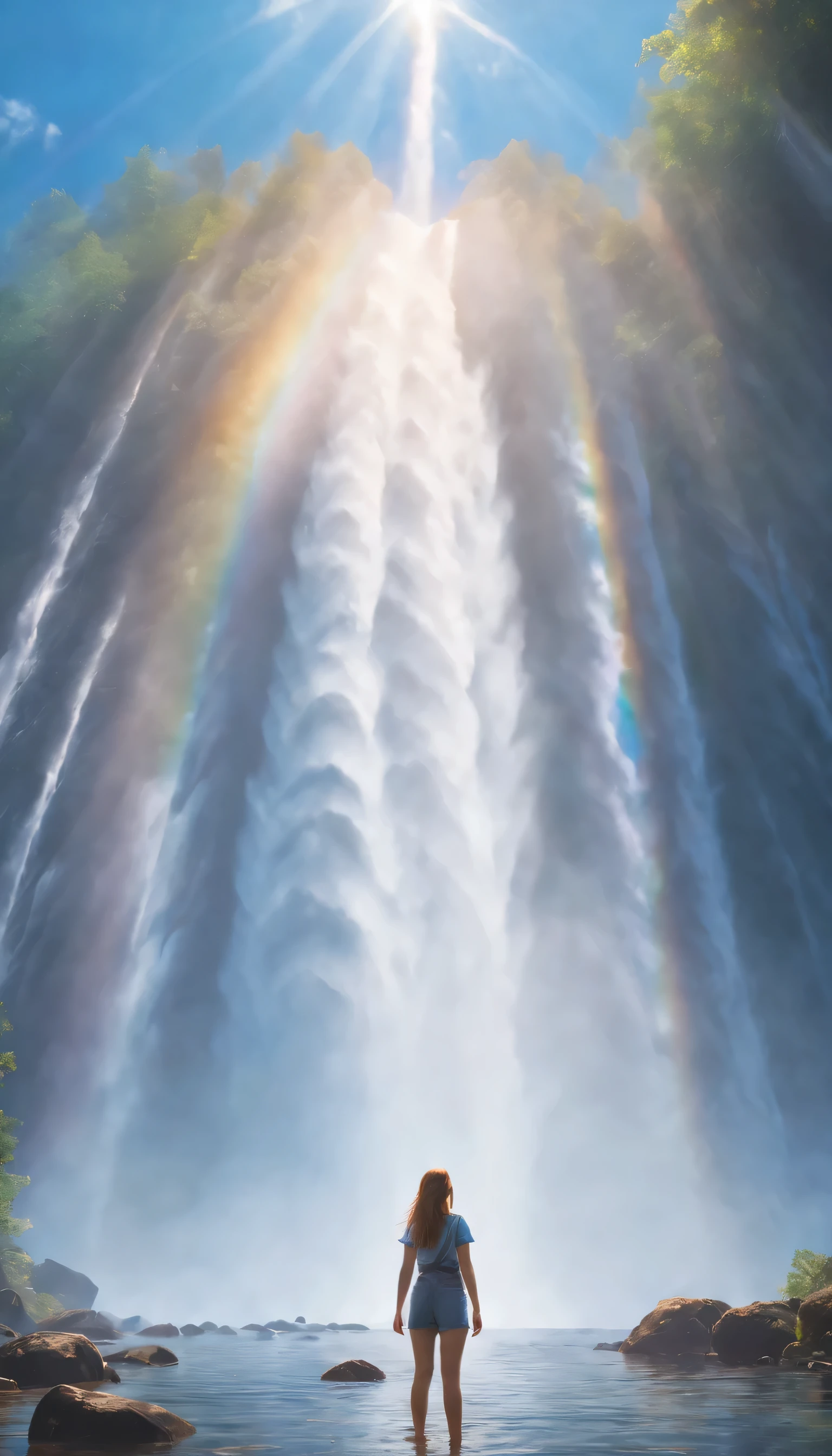 low angle view，The girl standing in front of the huge waterfall looks up，water vapor rising，rainbow，sun glare spots，realistic raytracing，True light reflection，real light refraction，Ultra-fine，Surreal，Super dreamy，extreme portrayal，8k，masterpiece，