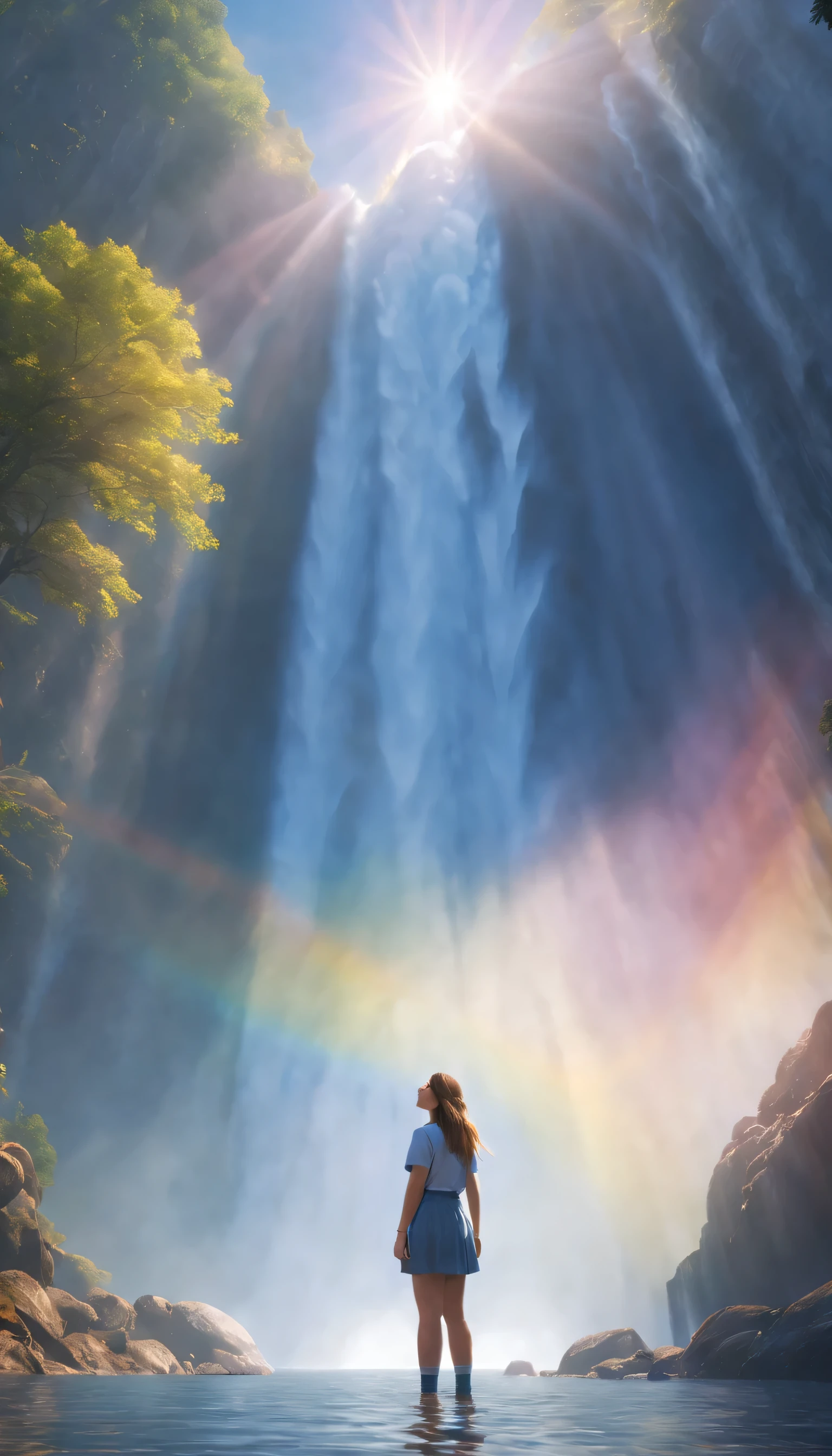 low angle view,The girl standing in front of the huge waterfall looks up,water vapor rising,rainbow,sun glare spots,realistic raytracing,True light reflection,real light refraction,Ultra-fine,Surreal,Super dreamy,extreme portrayal,8k,masterpiece,