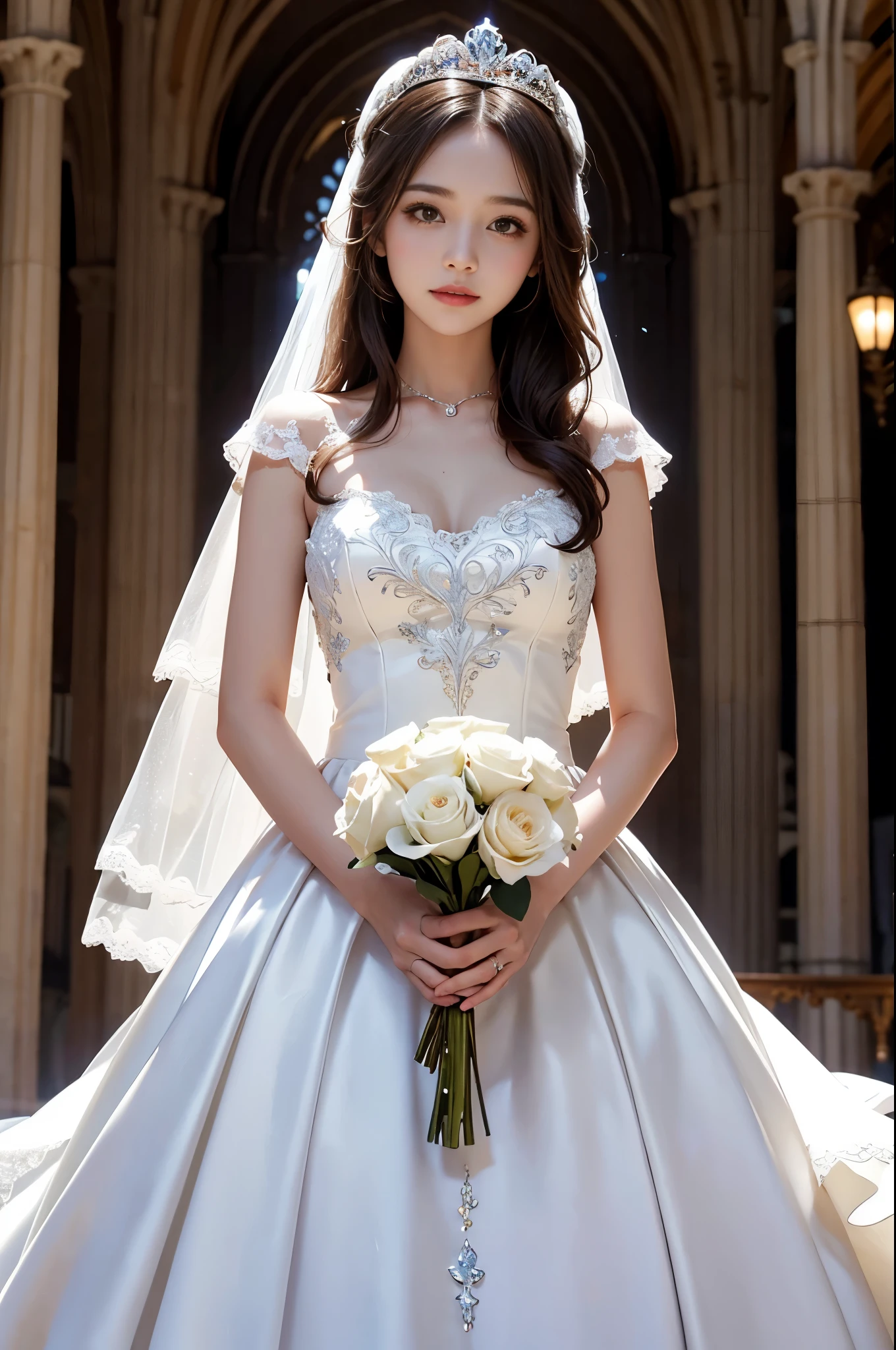 best quality, masterpiece, 1 girl, very happy, Very pretty, beautiful, cute , shiny lips, sweet, sun glare, Conservative attire, wedding dress, bridal tiara, bouquet, white gloves, depth of field, blurred background, Cathedral Background, light particles, strong wind, head tilt, long hair,