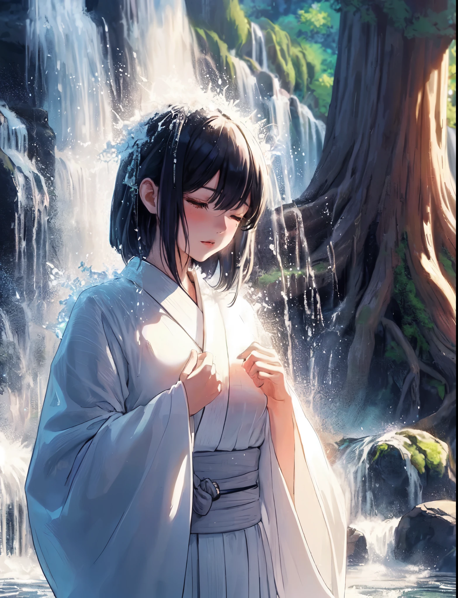 1lady solo, (standing under waterfall), (facing down), kimono (pure white robe:1.1), mature female, /(black hair/) (straight hair) bangs, blush (eyes lightly closed:1.1), (masterpiece best quality:1.2) delicate illustration ultra-detailed, large breasts BREAK (waterfall) outdoors, sacred spot, splash, mossy rocks, ancient tree, (waterfall sparkle in the sunlight), detailed background