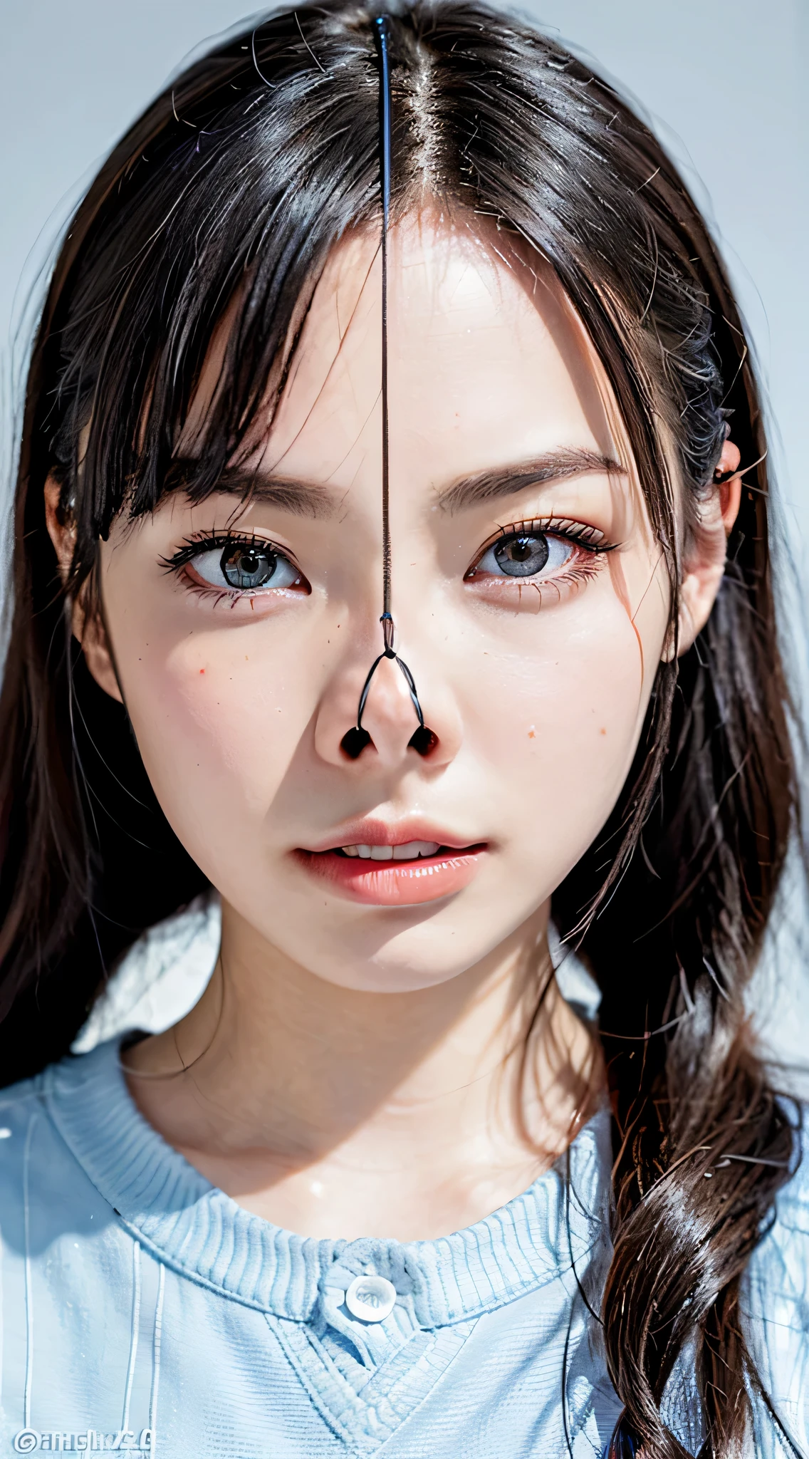 Fashion trendy beautiful and attractive woman, ,(Top quality realistic textured skin:1.4), fine eyes, detailed face, high quality eyes, focus the eyes clearly, nose and mouth,face focus, Super close up of face gentle and charming Chinese beautiful woman, delicate and sexy clavicle, attractive oval face, double eyelid, Smart peach blossom eyes, pink lips, small nose, bare shoulders, focus on the face, close up of face, ultra high resolution, Super detailed, full body photo, Ultra thin and transparent, The white off-shoulder shirt and light blue slit skirt go great together.., fresh and good, And see through,cinematic lighting,rim light,twin tails,