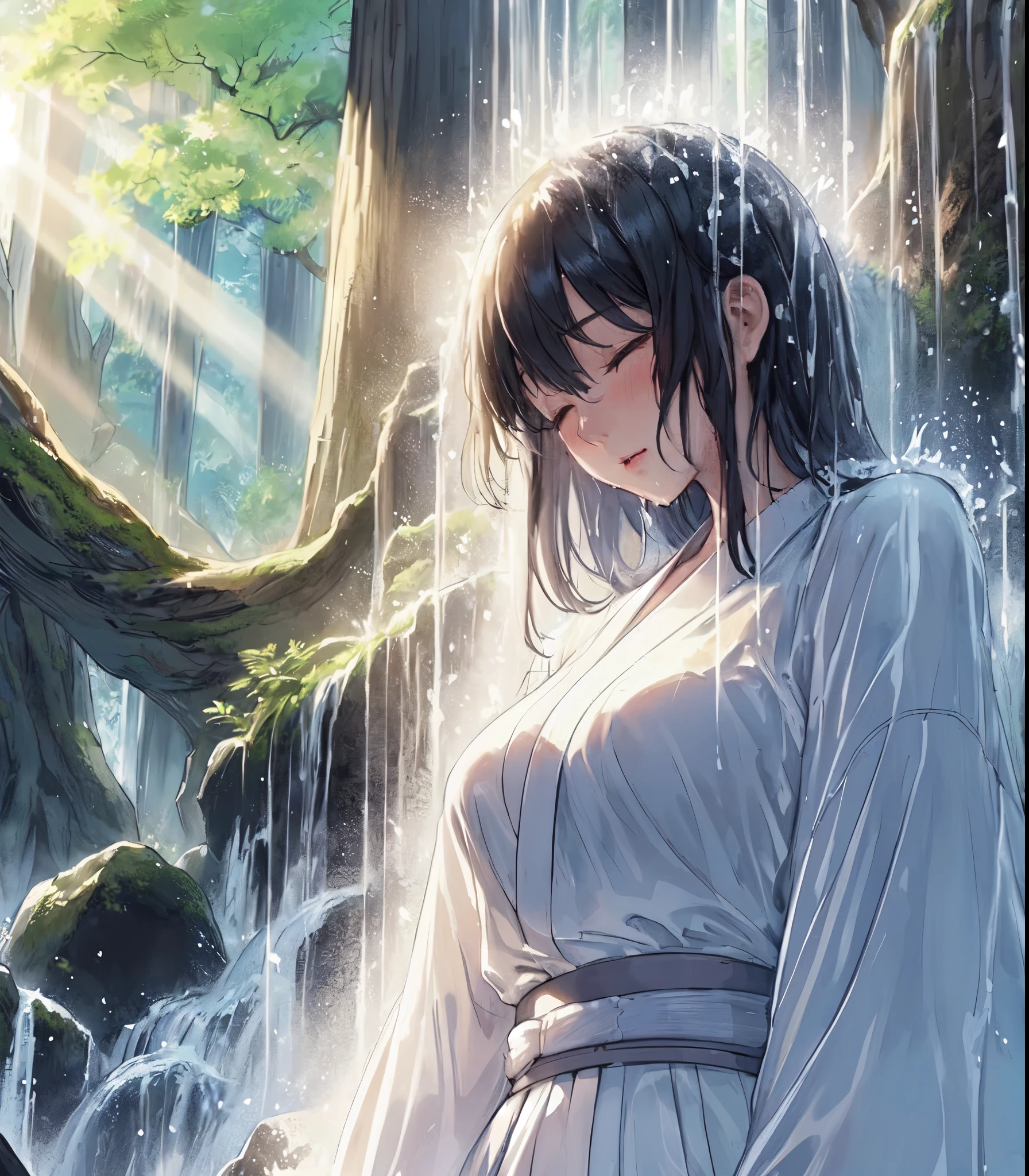 1lady solo, (standing under waterfall), (facing down), kimono (pure white robe:1.1), mature female, /(black hair/) (straight hair) bangs, blush (eyes lightly closed:1.1), (masterpiece best quality:1.2) delicate illustration ultra-detailed, large breasts BREAK (waterfall) outdoors, sacred spot, splash, mossy rocks, ancient tree, (waterfall sparkle in the sunlight), detailed background