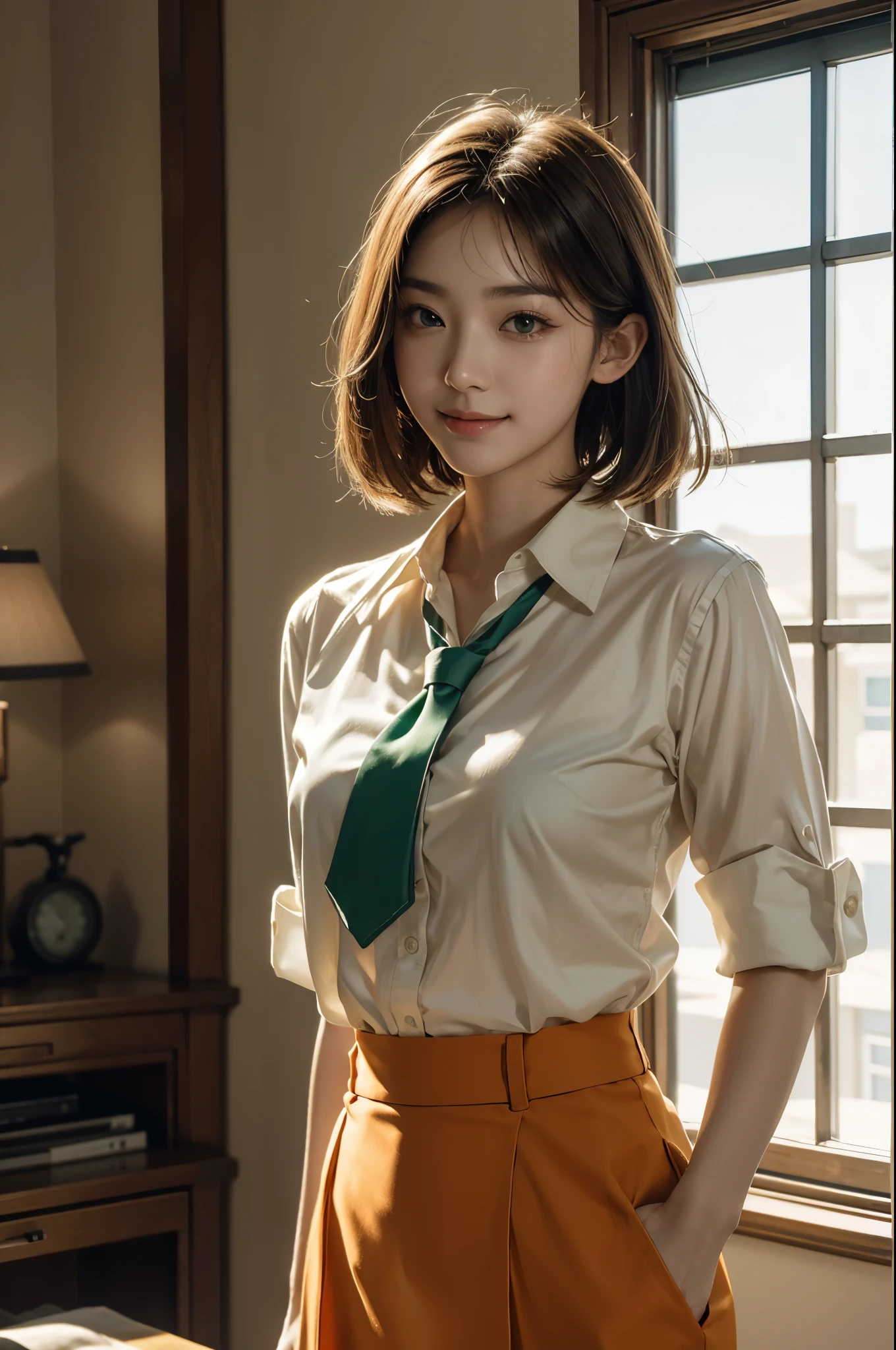 beautiful korean smiling women, full height, green eyes, medium orange color haircut, white shirt, green tie, orange skirt, {{{Nanjing }}},scale:14 steps:30 method:2, HDR, RTX, UHD, perfect, high quality, high detail, cinematic, photorealistic, beautiful, 4K, HDR, full shot, photorealistic, realism, color grading, photography, very detailed, focused, 8k, wallpaper, 32k, super resolution