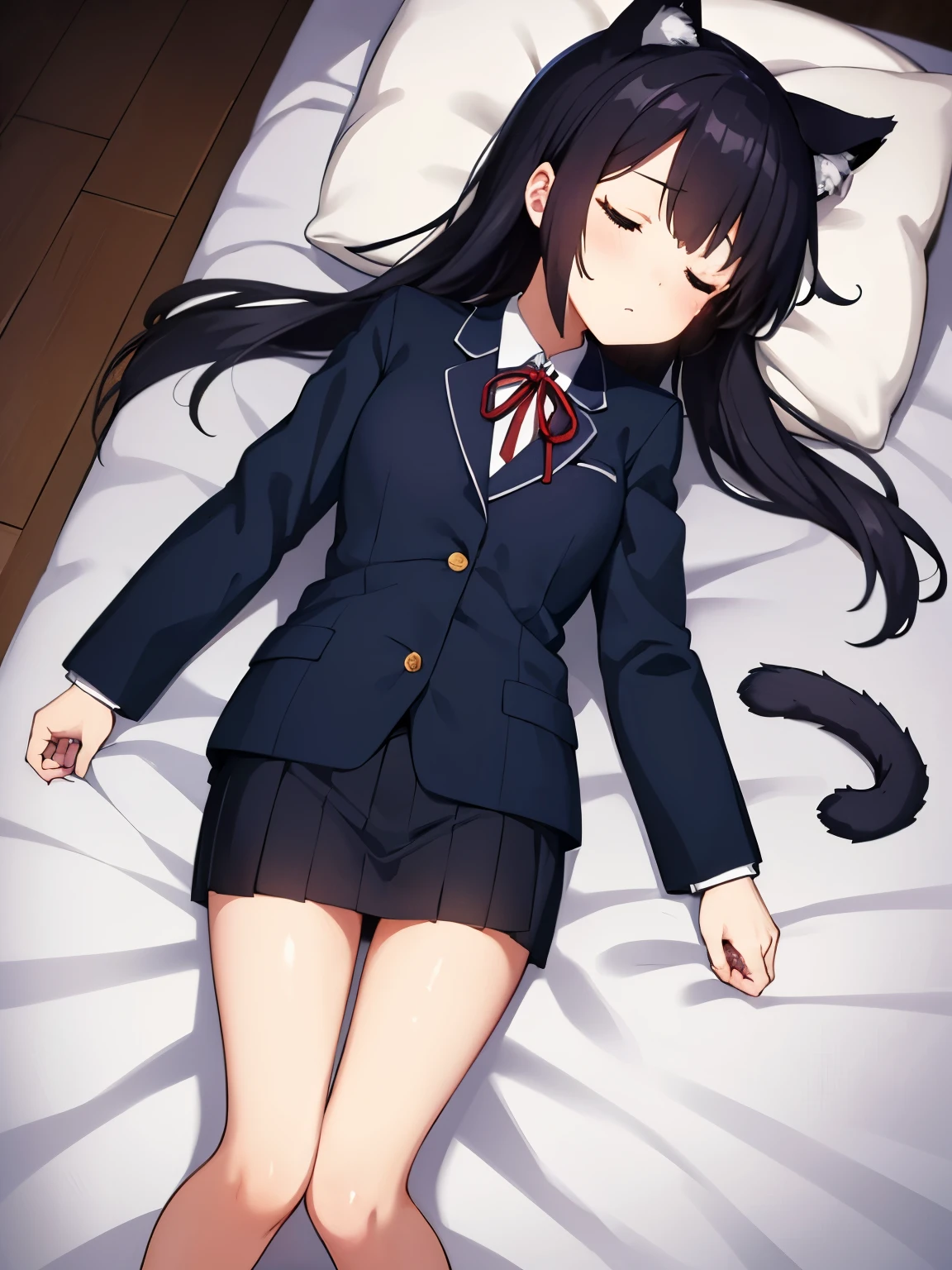 1girl, (((masterpiece))),(((full body))), wallpaper HD, top-quality, top-quality, High Details, nakano azusa, 1girl, Sakuragaoka High School Uniform, student clothes, black cat ear, (((black cat ear))), Twin-tailed, length hair, A dark-haired, brown-eyed, solo, reddish, Dark blue blazer with thin red ribbon, Solid white buttoned shirt under blazer, sleep on the bed, (((fell asleep on the bed))), illustratio, comic strip, soothing tones, Subdued Color, Soft cinematic light, adobe lightroom, photolab, HDR, intricately and hyper-detailed、(((depth of fields))))。(((masterpiece)))。(((top-quality))).)((ultra-detailliert)))。(((illustratio)))。(((takeout))).dynamic focus.big breasts.(((home))).(((A bedroom))).(((sleeping face))).(((up chest))).((Evening)).