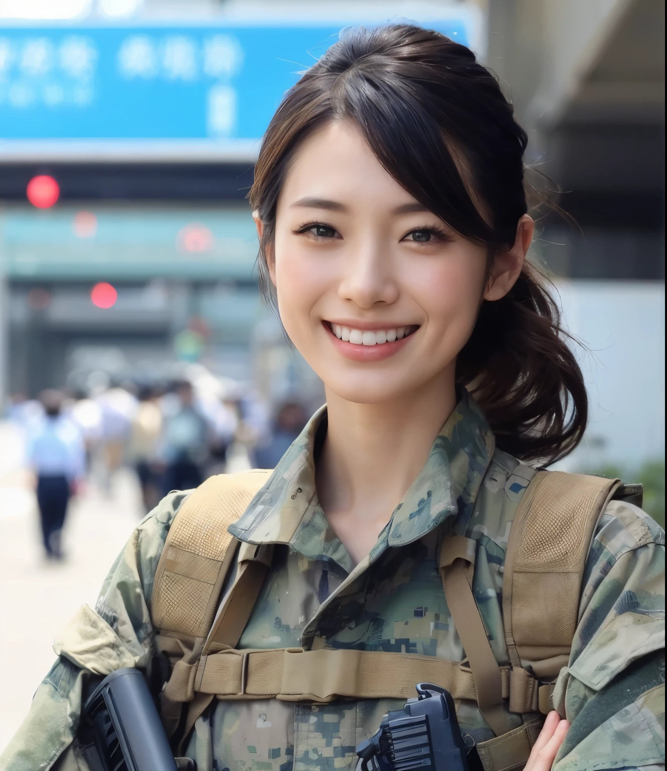 (high quality,realistic:1.2),beautiful girl,American-Japanese woman in the US Army,8K,portrait,photorealistic,colorful lighting,detailed face,uniform,confident expression,green scenery,medium:oil painting,extraordinary focus,vivid colors.