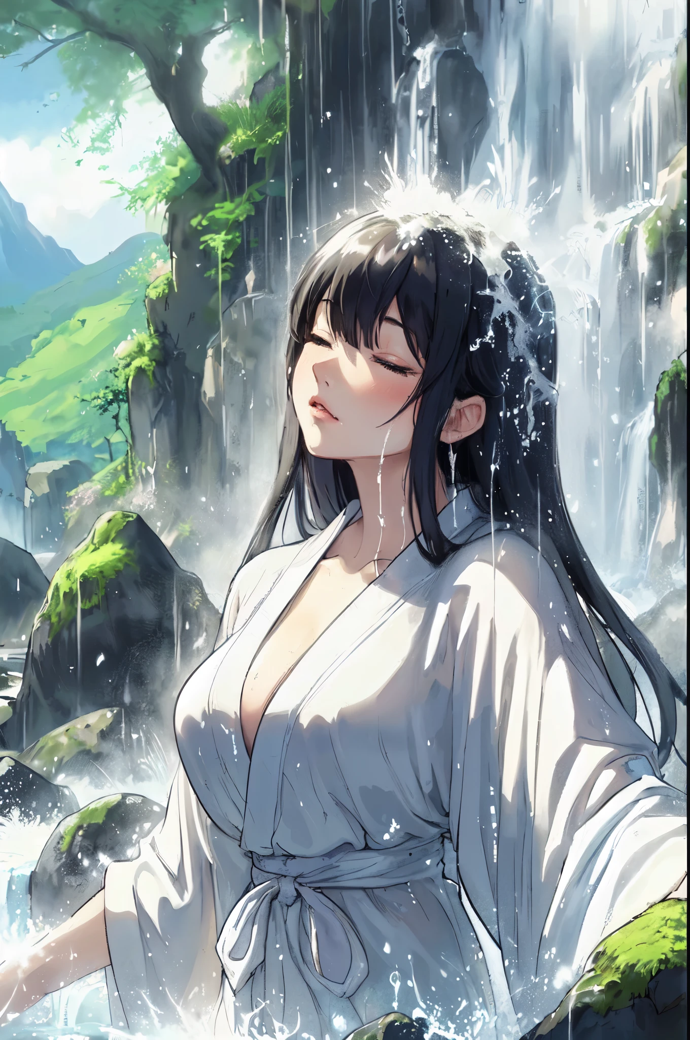 1lady solo, (standing under waterfall), (facing up), kimono (pure white robe:1.1), mature female, /(black hair/) (straight hair) bangs, blush (eyes lightly closed:1.1), (masterpiece best quality:1.2) delicate illustration ultra-detailed, large breasts BREAK (waterfall) outdoors, sacred spot, splash, mossy rocks, ancient tree, (waterfall sparkle in the sunlight), detailed background