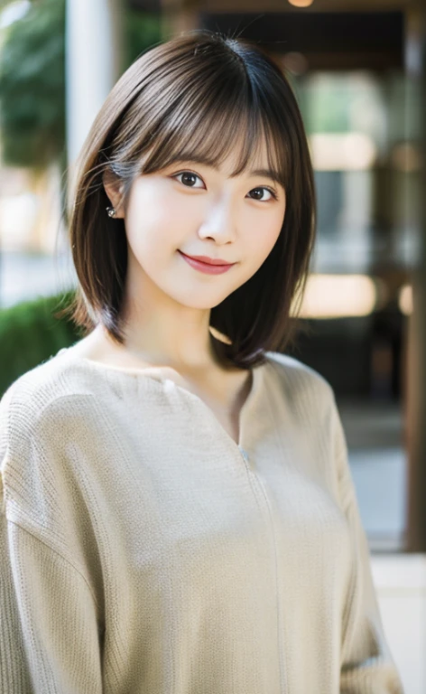 Portrait、8k、high quality、realistic photo images、24-years-old、japanese woman、neat wife、、housewife、Reproduces natural and realistic eyes、japanese stand、beautiful black hair、short hair、light makeup、octane rendering、beautiful lighting、composition of golden ratio、laughter、everyday wear、casual clothes、natural background、blurred background、High level image quality、Pure Japanese humanity、beautiful wife、Upper body、light makeup、No makeup、pure beauty、plain clothes、grey、beige、green、Plain color、casual clothes、slight smile、small black eyes、background bokeh