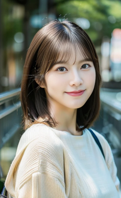 Portrait、8k、high quality、realistic photo images、24-years-old、japanese woman、neat wife、、housewife、Reproduces natural and realistic eyes、japanese stand、beautiful black hair、short hair、light makeup、octane rendering、beautiful lighting、composition of golden ratio、laughter、everyday wear、casual clothes、natural background、blurred background、High level image quality、Pure Japanese humanity、beautiful wife、Upper body、light makeup、No makeup、pure beauty、plain clothes、grey、beige、green、Plain color、casual clothes、slight smile、small black eyes、background bokeh