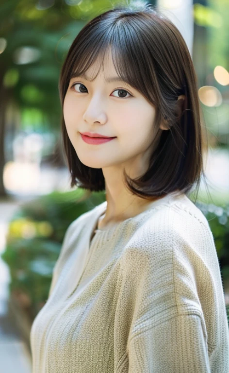 Portrait、8k、high quality、realistic photo images、24-years-old、japanese woman、neat wife、、housewife、Reproduces natural and realistic eyes、japanese stand、beautiful black hair、short hair、light makeup、octane rendering、beautiful lighting、composition of golden ratio、laughter、everyday wear、casual clothes、natural background、blurred background、High level image quality、Pure Japanese humanity、beautiful wife、Upper body、light makeup、No makeup、pure beauty、plain clothes、grey、beige、green、Plain color、casual clothes、slight smile、small black eyes、background bokeh