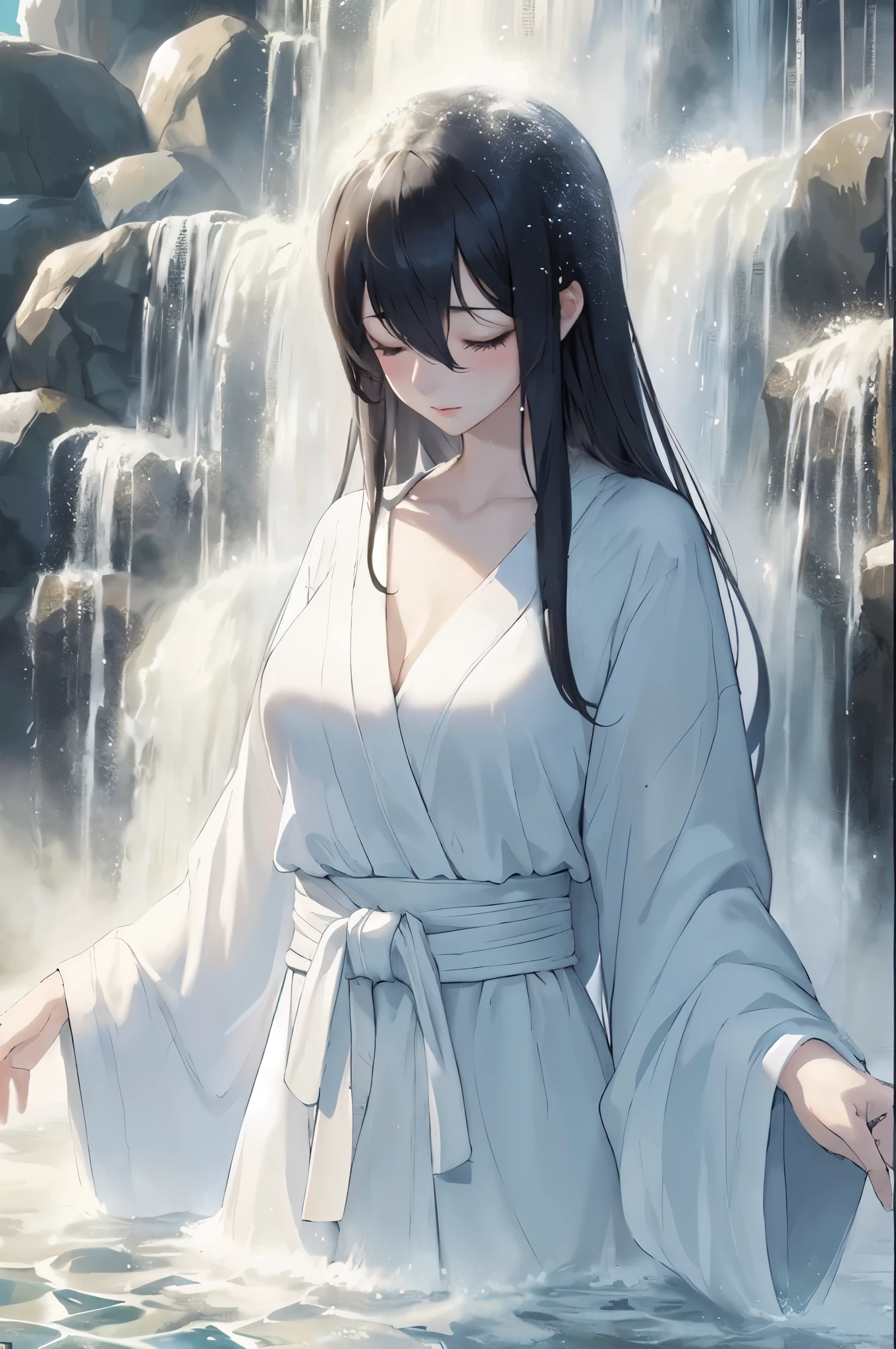 1lady solo, (standing under waterfall), (facing down), kimono (pure white robe:1.1), mature female, /(black hair/) (straight hair) bangs, blush (eyes lightly closed:1.1), (masterpiece best quality:1.2) delicate illustration ultra-detailed, large breasts BREAK (waterfall) outdoors, sacred spot, splash, rocks, (waterfall sparkle in the sunlight), detailed background