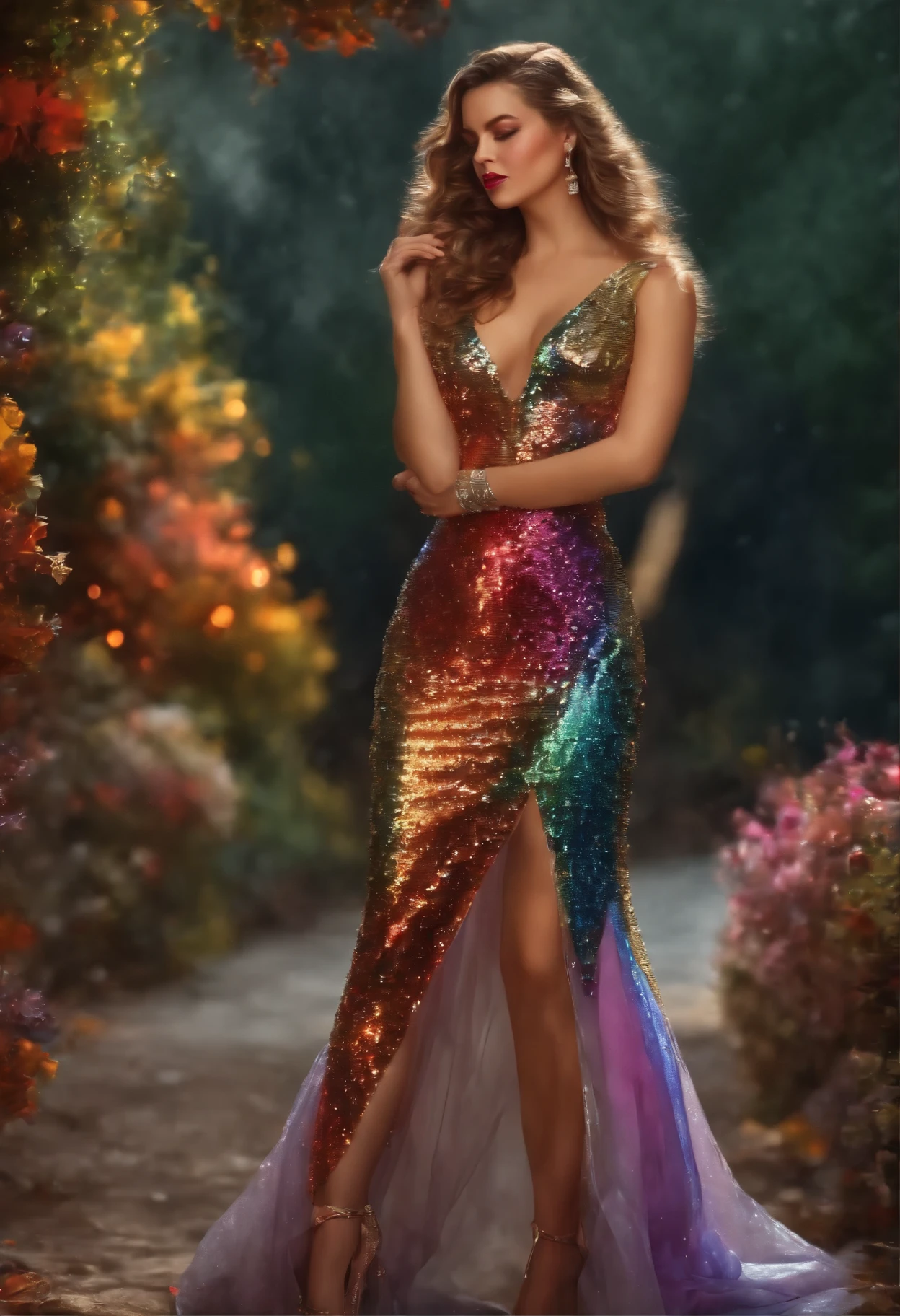 ((highest quality)),(ultra high resolution),(Super detailed),(detailed description),((best CG)),(best work of art),super precision art,amazing drawing art,(Art with precise details:1.5), (adult women:1.8),(detailed sequin dress:1.6,Rainbow-colored:1.3),glamorous body:1.3