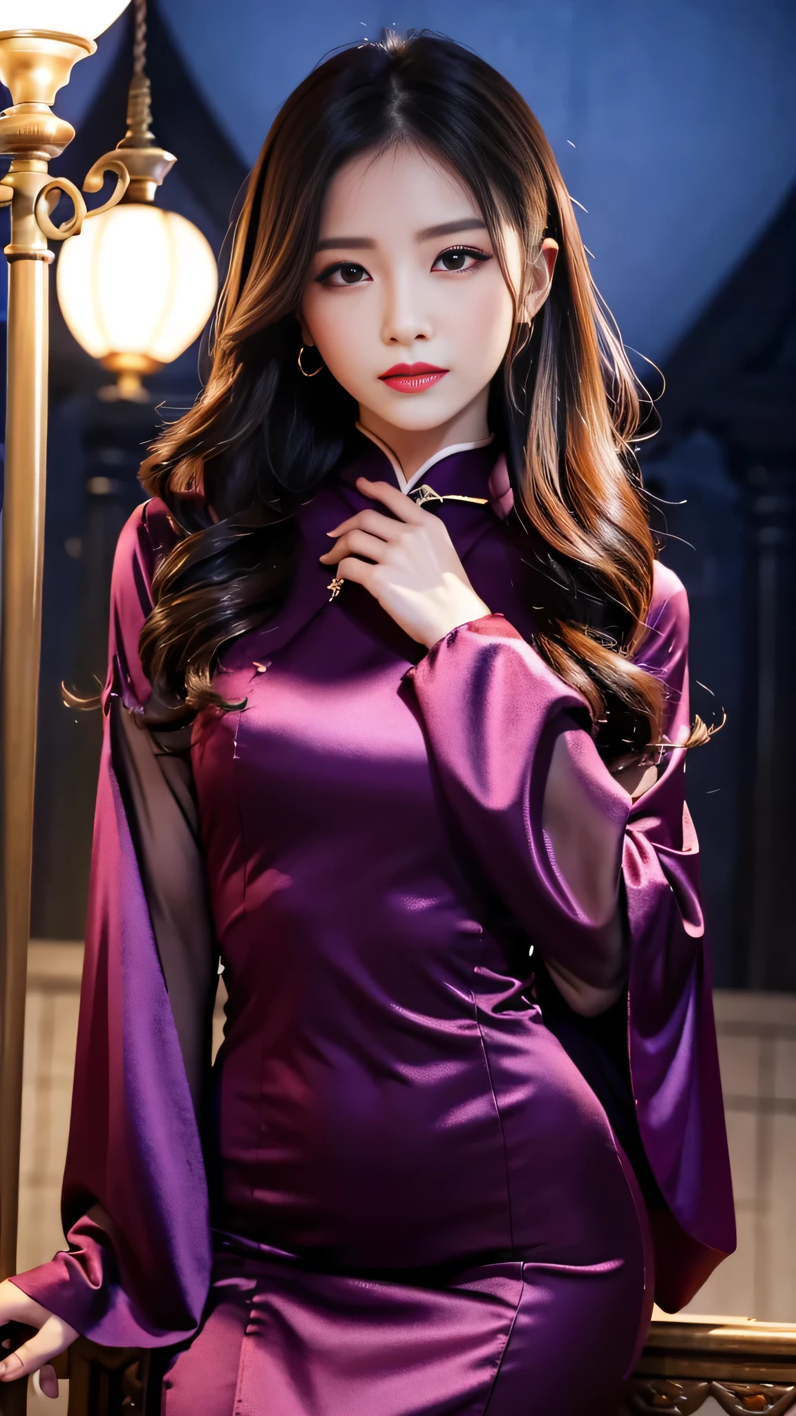 Super detailed、Japanese、charming beauty、seductive adult woman、Beautiful woman、sharp eyes、cool girl、wavy hair、long black cheongsam、wide sleeve、evilの幹部、evil depravity、brainwashing、Mind control、apply lipstick、grin、evilな表情、evil、empty eyes、evil、church at night、vampire、vampire、Hypnosia makeup brush