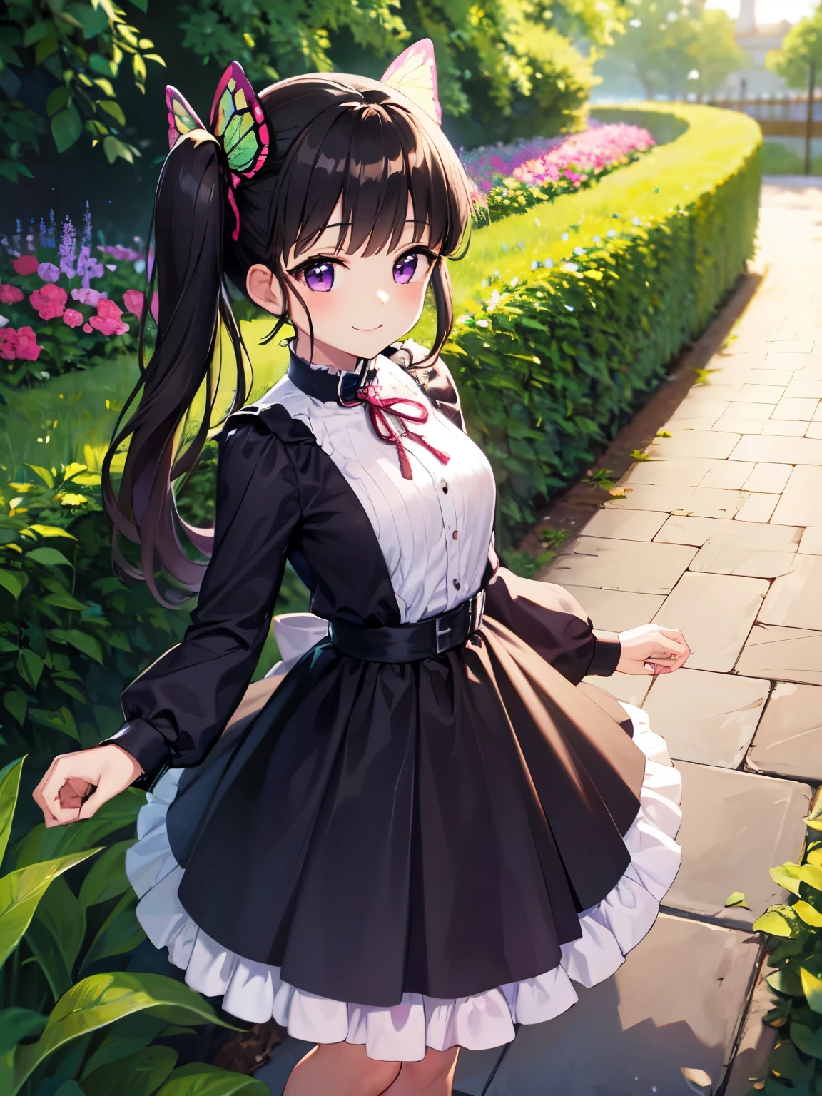 Super detailed, High resolution,[8k images:1.15],garden、black hair, butterfly, butterfly hair ornament, (purple eyes:1.1), side ponytail,、全体的にlong hair、1 girl, smile, kanao tsuyuri, long hair, brown hair、bright eyes、open chest、gothic lolita clothing、Cute skirt、skirt, white skirt、absolute reference to center、 