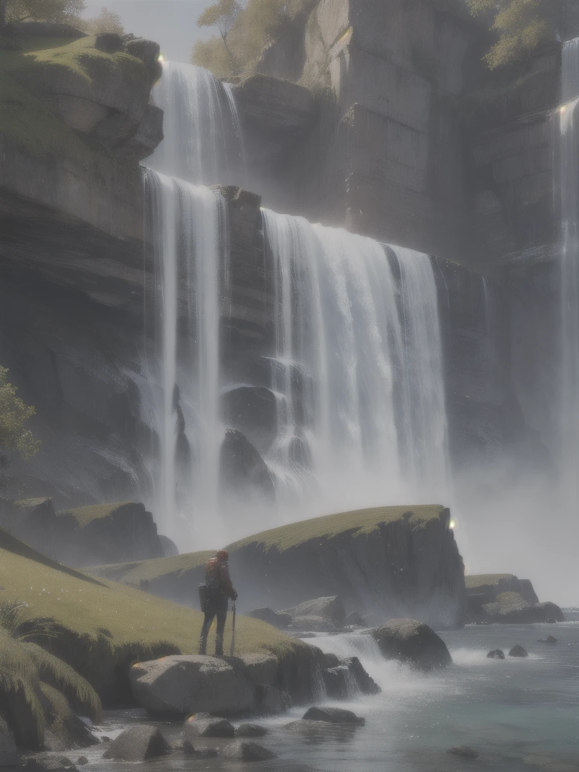帕德农神庙在on the cliff，on the cliff，waterfall，look up，Blue water，Rendered by Octane,(masterpiece), (Extremely detailed and highest quality CG Unity 8K Wallpapers Best Best Illustrations)，photo grade，Super realistic light and shadow，halo