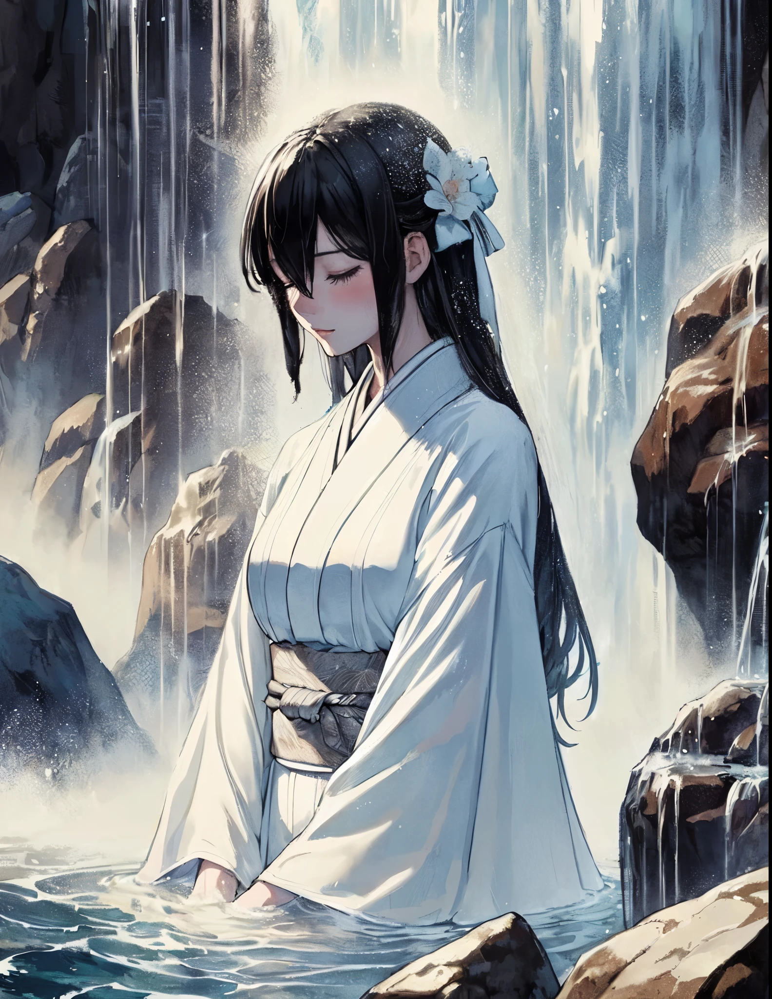 1lady solo, (standing under waterfall), (facing down), kimono (pure white robe:1.1), mature female, /(black hair/) (straight hair) bangs, blush (eyes lightly closed:1.1), (masterpiece best quality:1.2) delicate illustration ultra-detailed, large breasts BREAK (waterfall) outdoors, sacred spot, splash, rocks, (waterfall sparkle in the sunlight), detailed background
