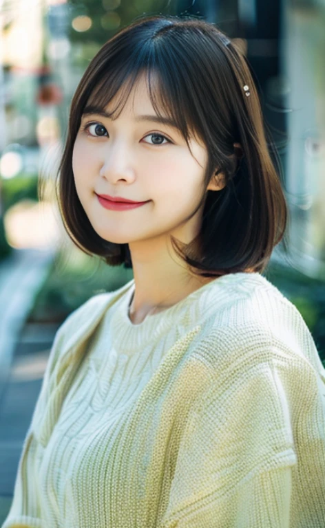 Portrait、8k、high quality、realistic photo images、24-years-old、japanese woman、neat wife、、housewife、Reproduces natural and realistic eyes、japanese stand、beautiful black hair、short hair、light makeup、octane rendering、beautiful lighting、composition of golden ratio、laughter、everyday wear、casual clothes、natural background、blurred background、High level image quality、Pure Japanese humanity、beautiful wife、Upper body、light makeup、No makeup、pure beauty、plain clothes、grey、beige、green、Plain color、casual clothes、slight smile、small black eyes、background bokeh