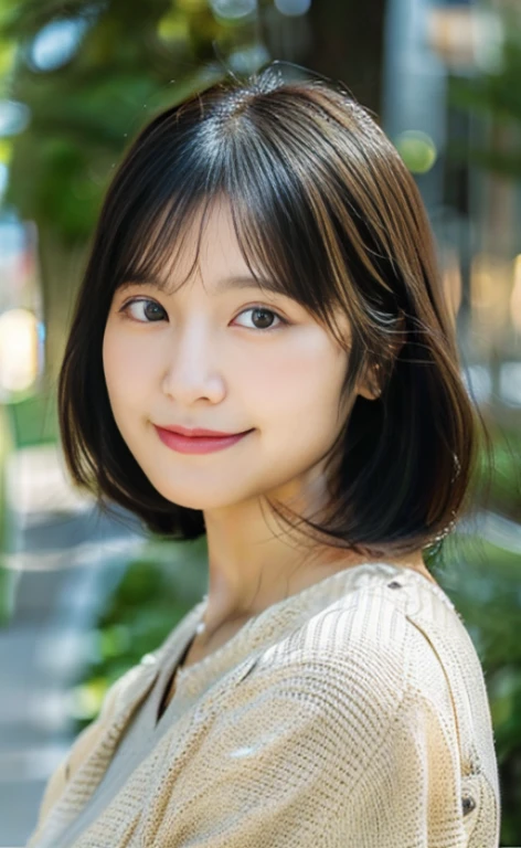 Portrait、8k、high quality、realistic photo images、24-years-old、japanese woman、neat wife、、housewife、Reproduces natural and realistic eyes、japanese stand、beautiful black hair、short hair、light makeup、octane rendering、beautiful lighting、composition of golden ratio、laughter、everyday wear、casual clothes、natural background、blurred background、High level image quality、Pure Japanese humanity、beautiful wife、Upper body、light makeup、No makeup、pure beauty、plain clothes、grey、beige、green、Plain color、casual clothes、slight smile、small black eyes、background bokeh