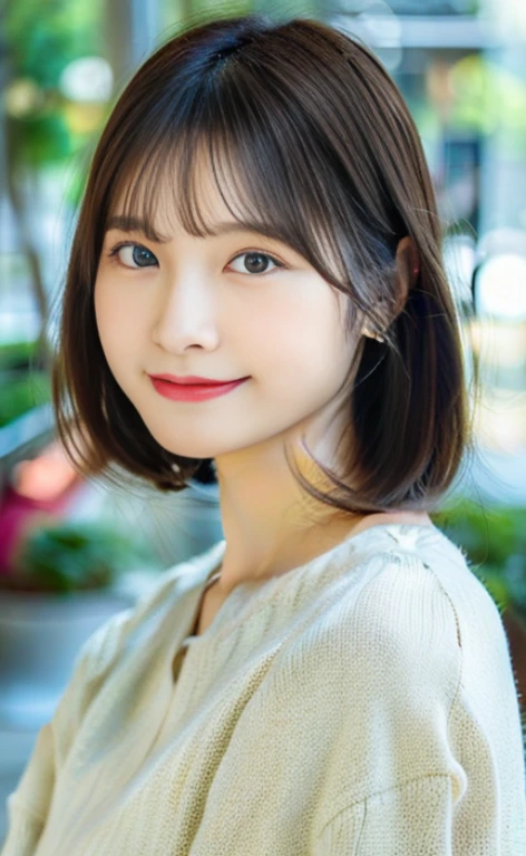 Portrait、8k、high quality、realistic photo images、24-years-old、japanese woman、neat wife、、housewife、Reproduces natural and realistic eyes、japanese stand、beautiful black hair、short hair、light makeup、octane rendering、beautiful lighting、composition of golden ratio、laughter、everyday wear、casual clothes、natural background、blurred background、High level image quality、Pure Japanese humanity、beautiful wife、Upper body、light makeup、No makeup、pure beauty、plain clothes、grey、beige、green、Plain color、casual clothes、slight smile、small black eyes、background bokeh