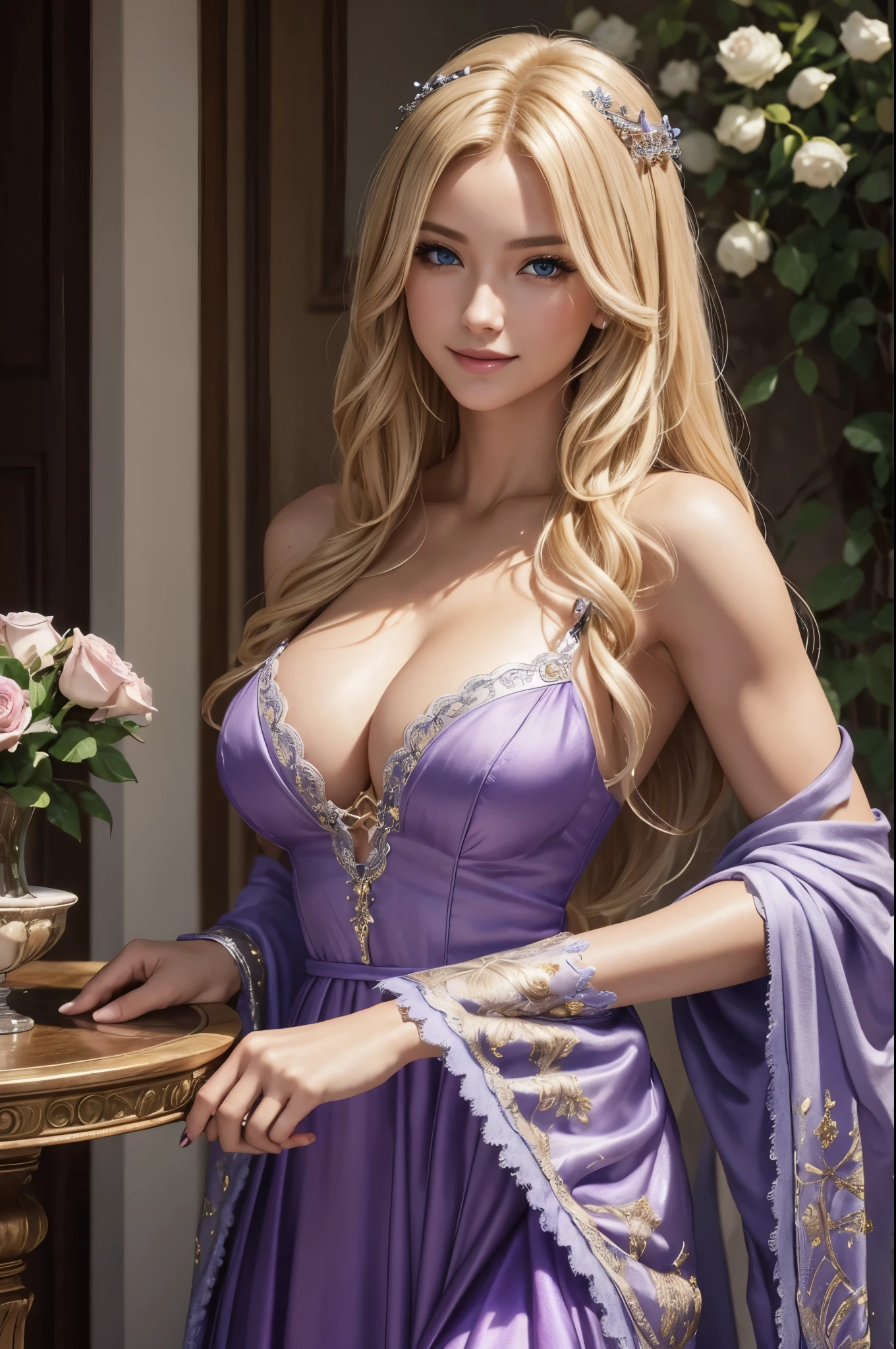 8K,Adult woman with blonde shaggy hair,Super beautiful(like the real thing), Severe, elegant, purple dress, A bewitching aristocrat with very big breasts, silver elements, long nails, bare shoulders, hairstyle, beautiful expression,blue eyes, Messy, I am proud, absurd, fine dress, royalty, celebration, hall decorated with flowers, cowboy shot, portrait, (highest quality), (table top), (very detailed), masterpiece,highest qualityのフォトリアリスティックなRAW写真。Backlight, cinematic lighting, film grain, to be born, 50mm lens, Nikon D850,super realistic skin,fantasy art,character art,ultra high resolution,Macho with a muscular slender body,perfect hands,Makeup,Bust shot close-up,smile,Garden of roses,