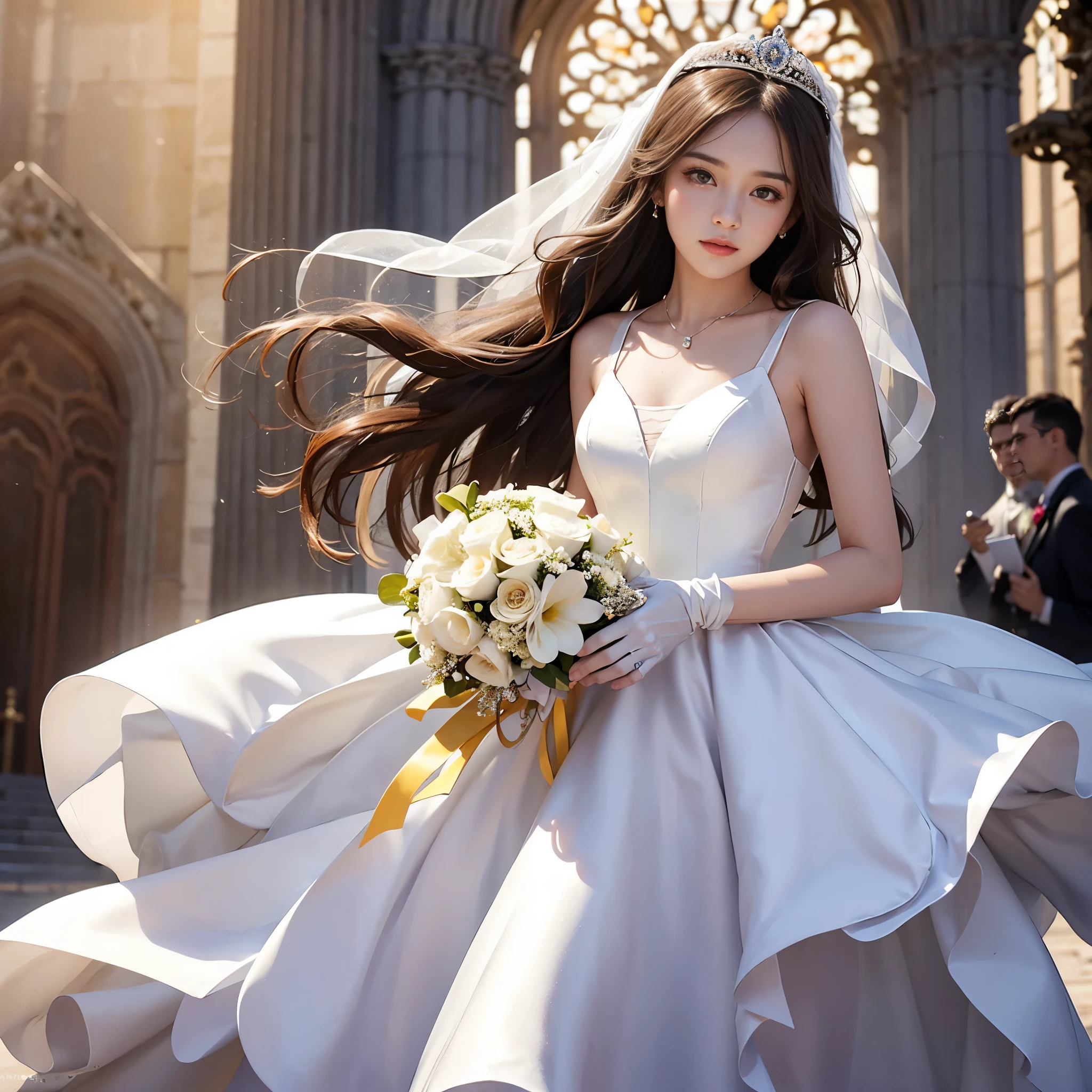 1 girl, cute teen, shiny lips, sweet, sun glare, Conservative attire, Silk bell-line wedding dress, bridal tiara, bouquet, white gloves, depth of field, blurred background, Cathedral Background, light particles, strong wind, head tilt, long hair,