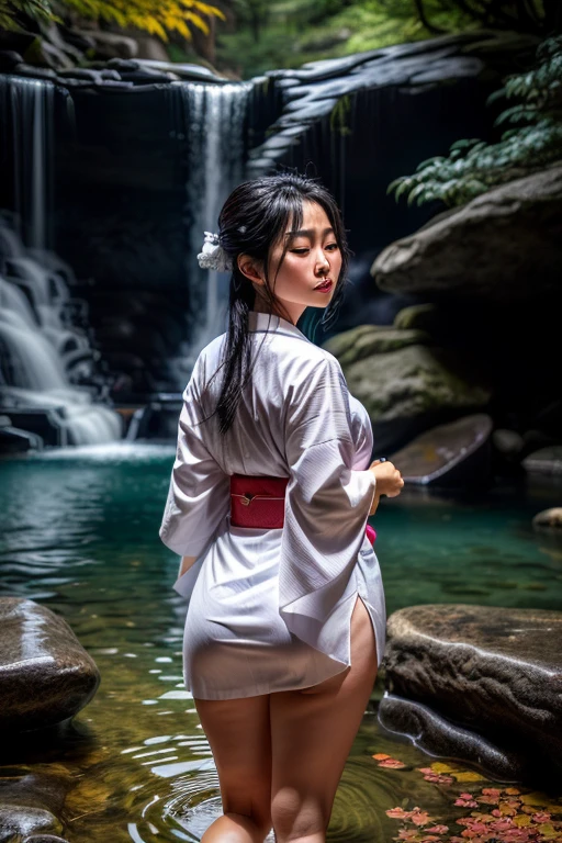 One woman, dressed in traditional (white Japanese attire:1.2), (fully clothed:1.2), stands under a towering waterfall during the stillness of the night. The water cascades down her back, catching the moonlight and creating a mesmerizing scene. Her long, dark hair is plastered to her back, and her face is aflame with blushing embarrassment. She closes her mouth tightly, trying to keep her gasps and moans contained. Her kimono, now saturated, clings to her curves, revealing her lithe figure. The cool water of the fall contrasts with the warmth emanating from her body, as she undergoes the ritual purification of misogi. 