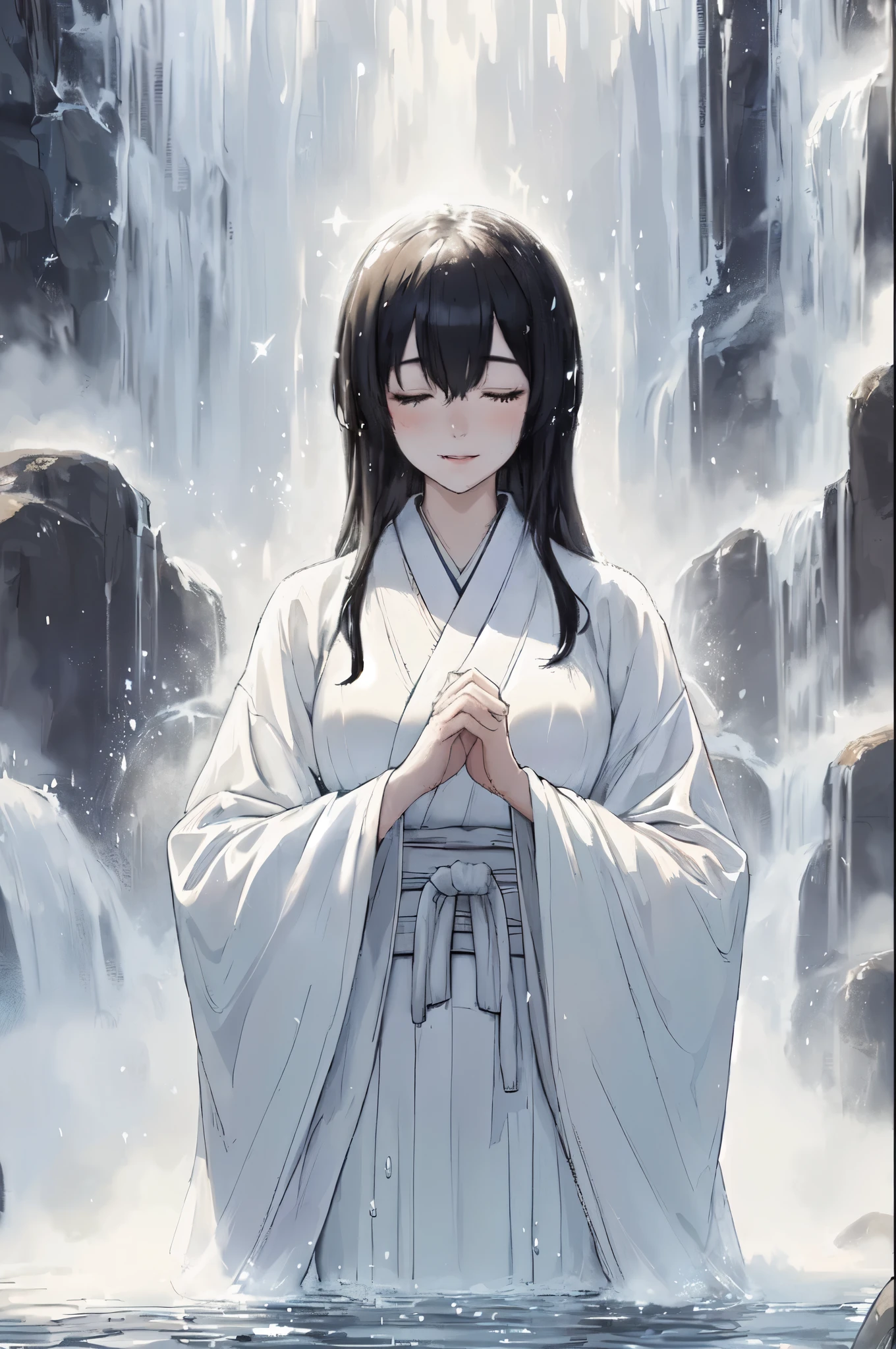 1lady solo, (standing under waterfall), (bringing hands together (in front of face:1.2):1.2), kimono (pure white robe:1.1), mature female, /(black hair/) (straight hair) bangs, blush (light smile:0.6) (eyes lightly closed:1.1), (masterpiece best quality:1.2) delicate illustration ultra-detailed, large breasts BREAK (waterfall) outdoors, sacred spot, splash, rocks, (waterfall sparkle in the sunlight), detailed background