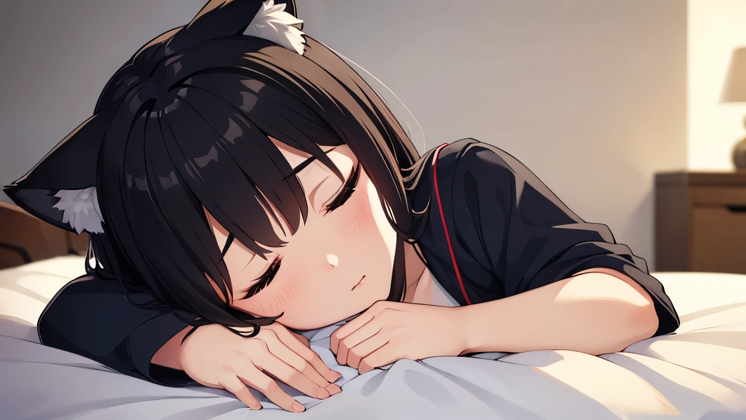 1girl, (((​masterpiece))),(((full body))), wallpaper HD, top-quality, top-quality, High Details, nakano azusa, 1girl, bikini, underwear, black cat ear, (((black cat ear))), Twin-tailed, length hair, A dark-haired, brown-eyed, solo, reddish, sleep on the bed, (((fell asleep on the bed))), illustratio, comic strip, soothing tones, Subdued Color, Soft cinematic light, adobe lightroom, photolab, HDR, intricately and hyper-detailed、(((depth of fields))))。(((​masterpiece)))。(((top-quality))).)((ultra-detailliert)))。(((illustratio)))。(((takeout))).dynamic focus.big breasts.(((home))).(((A bedroom))).(((sleeping face))).(((up chest))).((Evening)).