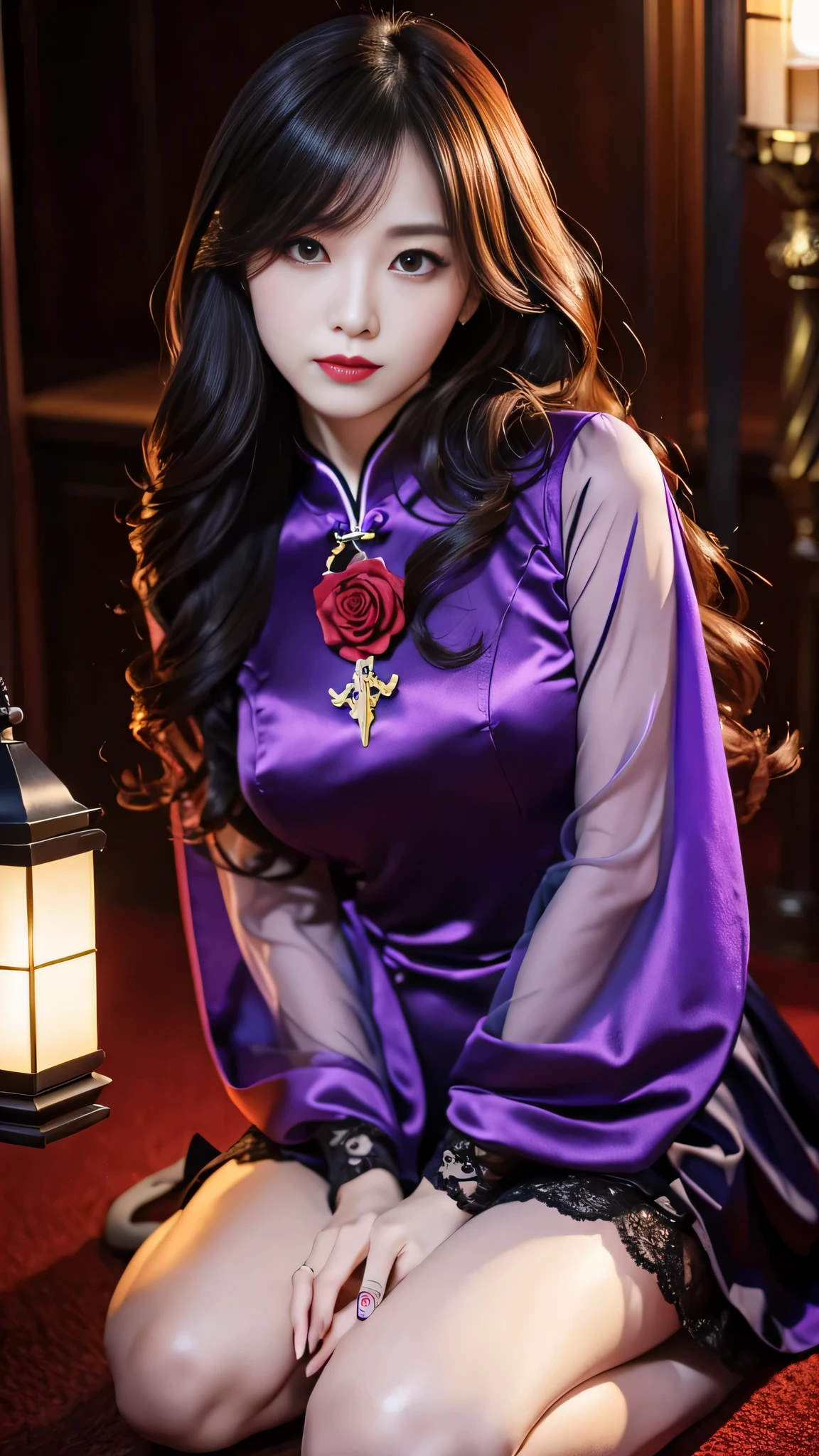 Super detailed、Japanese、charming beauty、seductive adult woman、Beautiful woman、purple rose、sharp eyes、cool girl、wavy hair、China dress、wide sleeve、Lustrous legs、evilの幹部、evil depravity、brainwashing、Mind control、lipstick、grin、evilな表情、evil、empty eyes、evil、church at night、vampire、vampire、look down、Hypnosis、brainwashinging、wariza