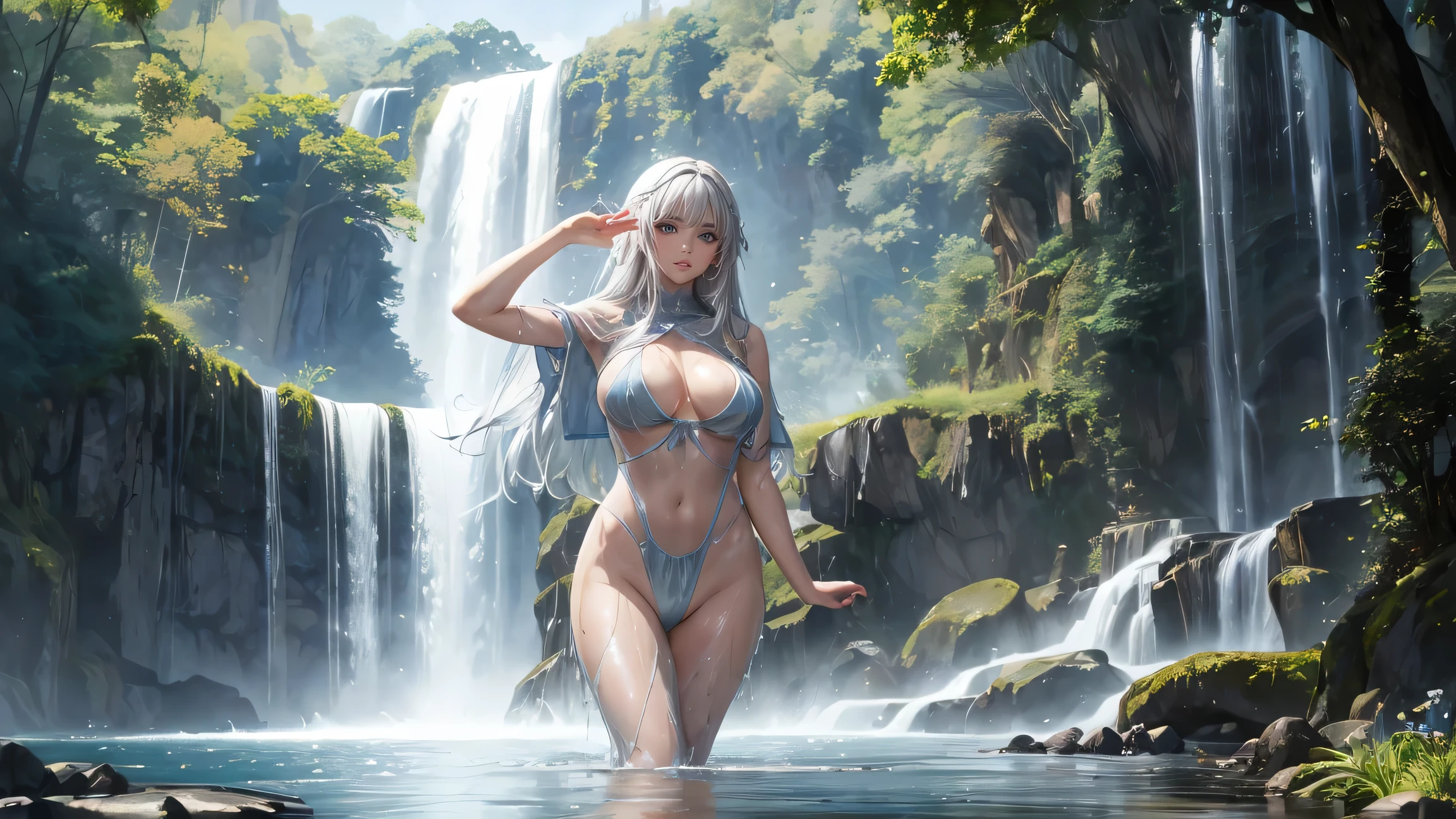 (best quality, masterpiece:1.2), elf, silver hair, perfect body, large breasts, wide hips, (wet clothes, wet skin, wet hair, transparent clothes: 1.2), pubic hair, bathing, arms up, huge magical waterfall, lush vegetations, vibrant, random composition, 8k, uhd, hdr, pbr