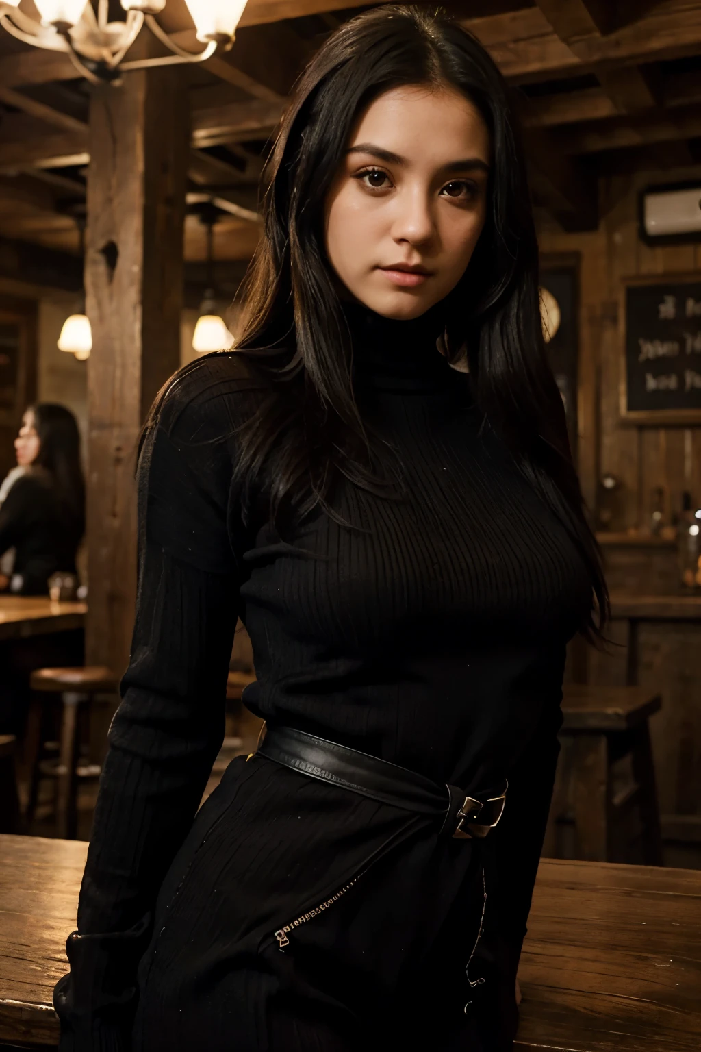 Defiantpanda, 1girl wearing a ribbed sweater:1.4, looking at viewer, waist up, black hair:1.3, detailed face+black eyes, closed mouth, long hair, background: tavern interior , solo, upper body,
