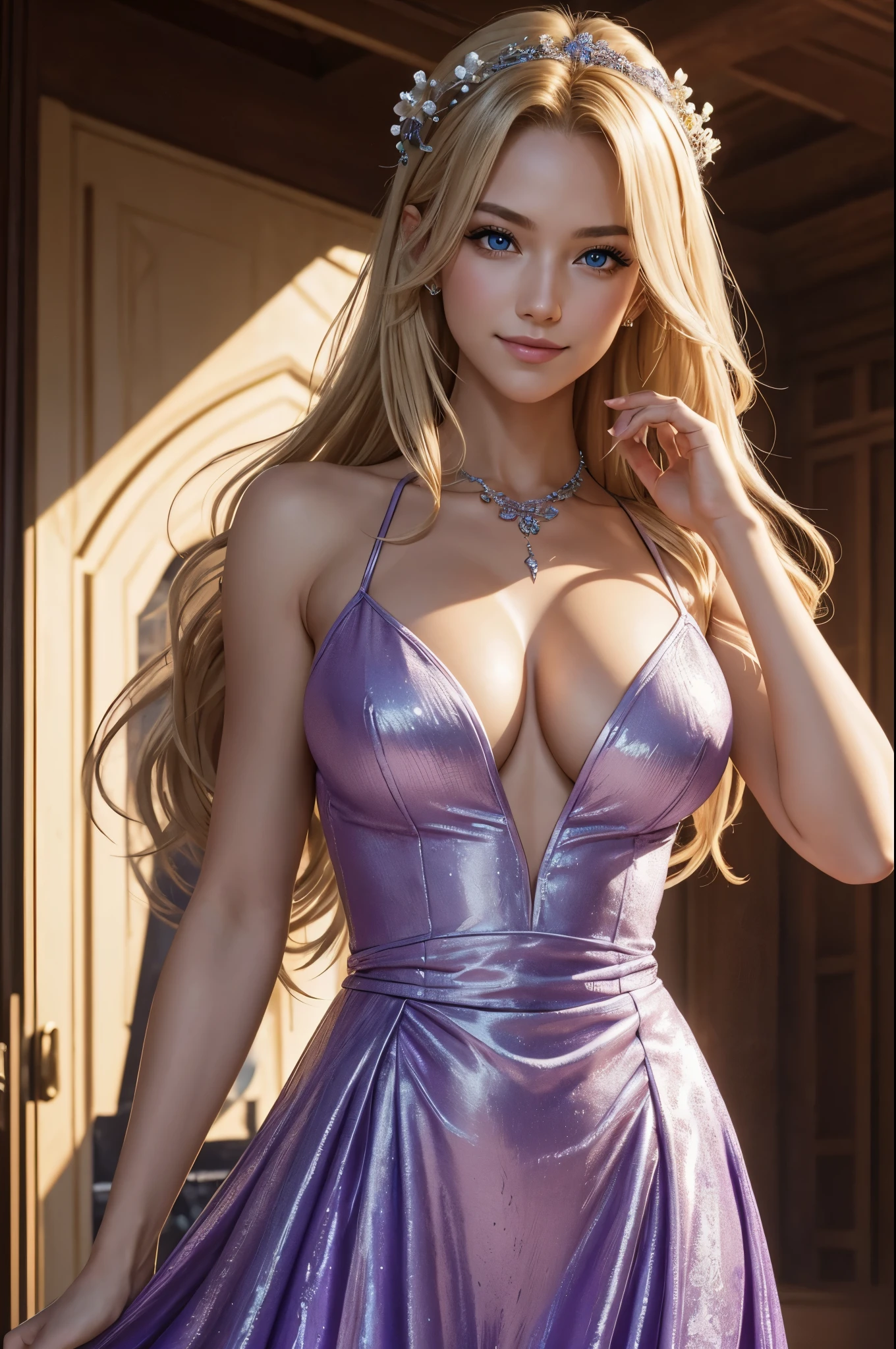 8K,Adult woman with blonde shaggy hair,Super beautiful(like the real thing), Severe, elegant, purple dress, A bewitching aristocrat with very big breasts, silver elements, long nails, bare shoulders, hairstyle, beautiful expression,blue eyes, Messy, I am proud, absurd, fine dress, royalty, celebration, hall decorated with flowers, cowboy shot, portrait, (highest quality), (table top), (very detailed), masterpiece,highest qualityのフォトリアリスティックなRAW写真。Backlight, cinematic lighting, film grain, to be born, 50mm lens, Nikon D850,super realistic skin,fantasy art,character art,ultra high resolution,Macho with a muscular slender body,perfect hands,Makeup,Bust shot close-up,smile,