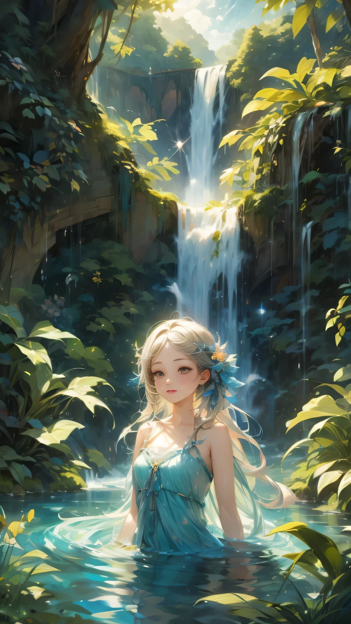 Spiritの住む滝つぼと滝を作成します,Spirit:woman::cute:thin costume:water effects:perfect face:manipulate water,huge waterfall,waterfall close-up,big waterfall,Abundant water,tall waterfalls,dynamic,fantasy,Nice views,lush green,beautiful空,hydrogen ion,light effect,highest quality,masterpiece,beautiful,splash of water,pure water,Sparkling,beautiful光と影,fantasy,digital art,