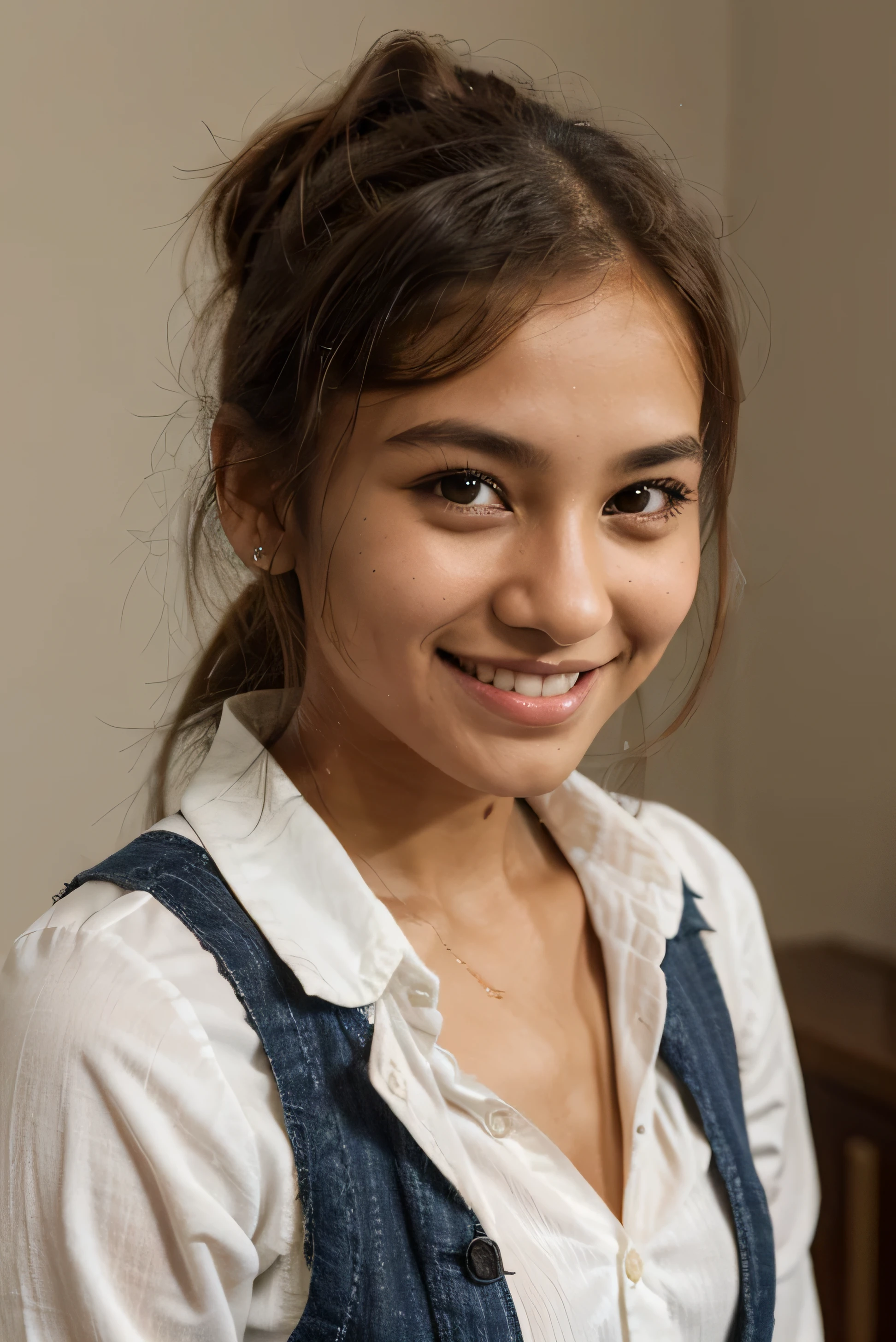 a young girl with tan skin and a great smile, wearing semi formal clothes, a close up face shot with a bun