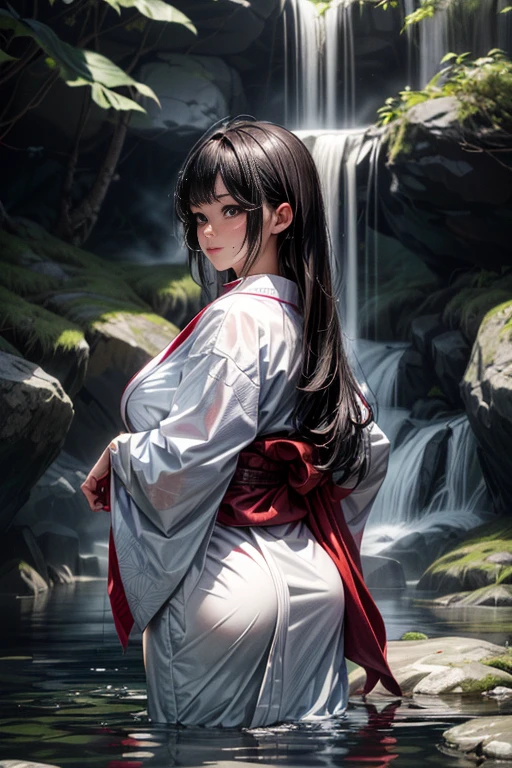 One woman, dressed in traditional (white Japanese attire:1.2), (fully clothed:1.2), stands under a towering waterfall during the stillness of the night. The water cascades down her back, catching the moonlight and creating a mesmerizing scene. Her long, dark hair is plastered to her back, and her face is aflame with blushing embarrassment. She closes her mouth tightly, trying to keep her gasps and moans contained. Her kimono, now saturated, clings to her curves, revealing her lithe figure. The cool water of the fall contrasts with the warmth emanating from her body, as she undergoes the ritual purification of misogi. 