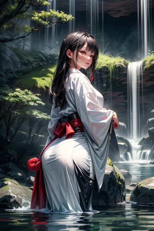 One woman, dressed in traditional (white Japanese attire:1.2), (fully clothed:1.2), stands under a towering waterfall during the stillness of the night. The water cascades down her back, catching the moonlight and creating a mesmerizing scene. Her long, dark hair is plastered to her back, and her face is aflame with blushing embarrassment. She closes her mouth tightly, trying to keep her gasps and moans contained. Her kimono, now saturated, clings to her curves, revealing her lithe figure. The cool water of the fall contrasts with the warmth emanating from her body, as she undergoes the ritual purification of misogi. 