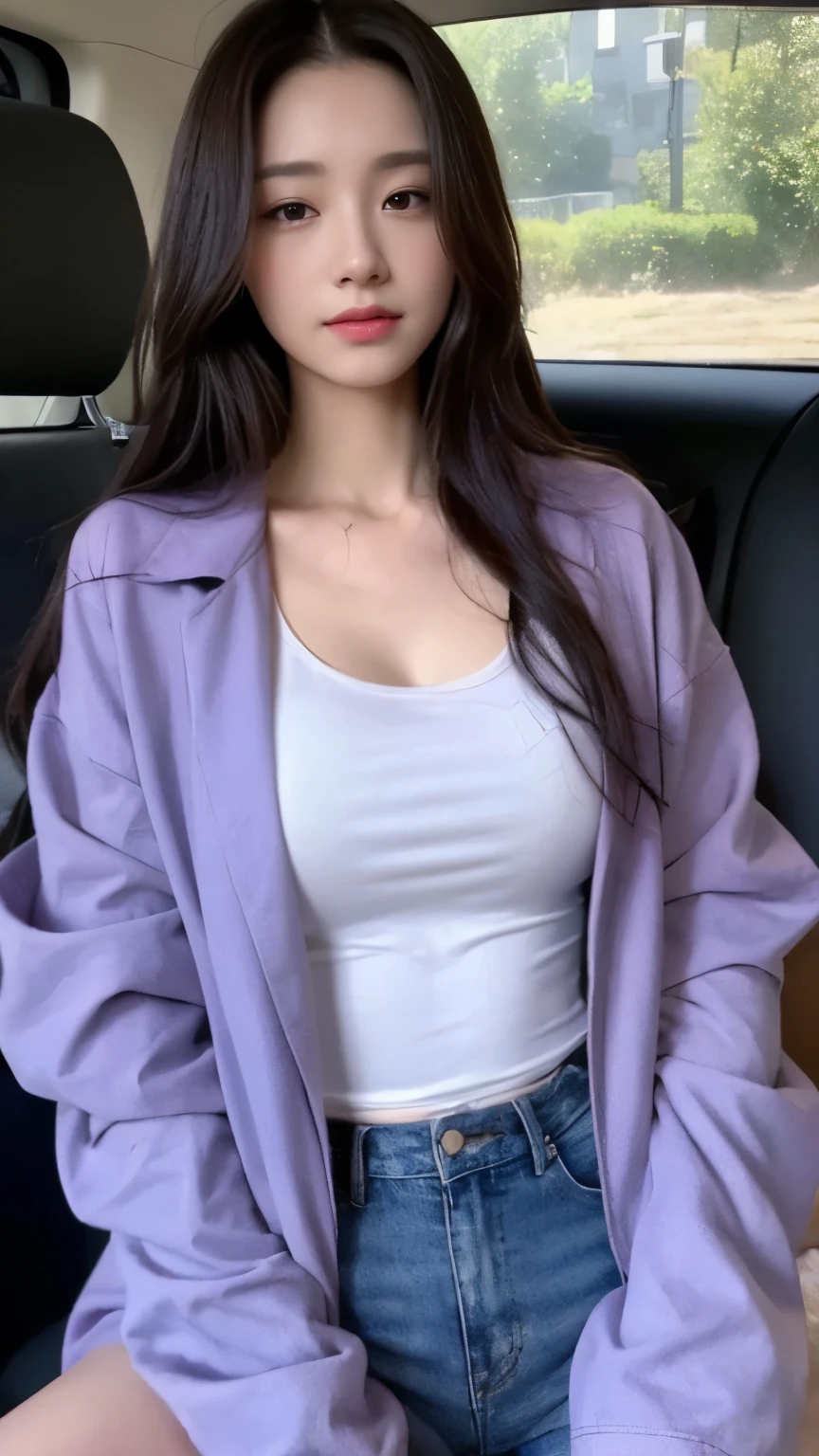 ((top-quality、8k、masterpiece:1.3))、Beautiful woman with perfect body:1.4、slim abdomen:1.2、Longhair, normal breast, Highly detailed facial and skin texture, A detailed eye, delicate eyes, double eyelid, (smile), (full body shot), ((in side the car 1.1)), (sitting on car), ((wearing purple t-shirt with jacket)), looking in front