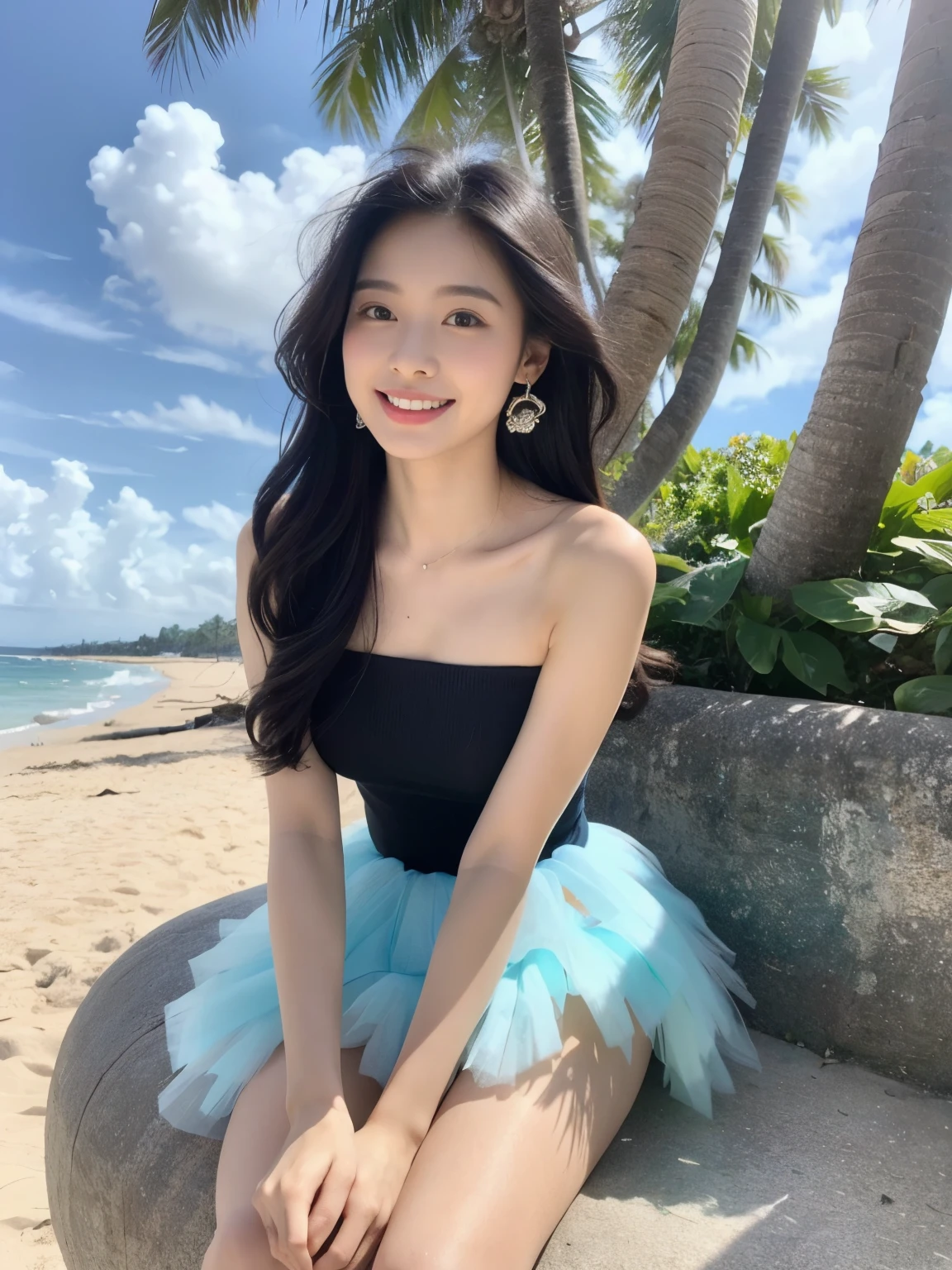 A young and beautiful,Beautiful cute girl,half-body photo。Extremely beautiful and delicate,Black color hair,A sweet smile,Delicate and beautiful fair skin,Realistic and realistic,exquisite and complete facial features,Detailed depiction of the face,tall nose bridge,Smooth hair,extremely detail hair,Feminine temperament,with a well-proportioned body,Realiy,White teeth,Tied up with hair,Hyper-realism,sandals,Extreme picture quality,Highest precision,Precise and perfect human anatomy。with blue sky and white clouds,rays of sunshine,(Tutu dress)(telephoto shot,)Express the landscape,Under coconut trees,Highlight portrait。Sitting on the beach by the sea。Wearing earrings,Sideways photo,