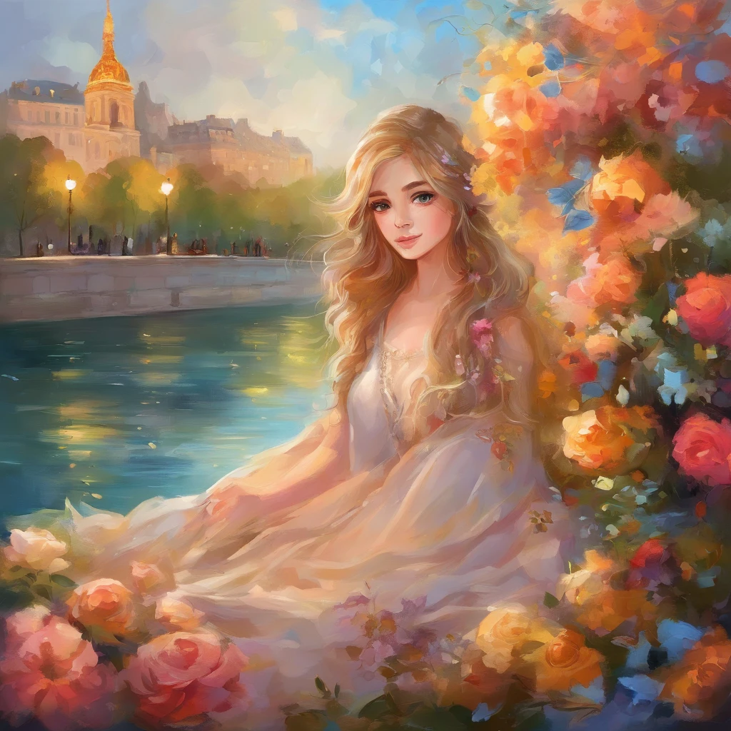 a beautiful girl with long flowy hair sitting on a bench in paris, looking at the iconic eiffel tower, wearing a stylish beret and holding a bouquet of colorful flowers. The atmosphere is filled with romance and elegance, capturing the essence of the city of love. The scene is rendered in a stunning oil painting medium, with ultra-detailed brush strokes that bring out the texture and depth of the artwork. The colors are vibrant and vivid, with a warm and golden color tone that adds to the enchanting ambiance. The lighting is soft and romantic, with a gentle glow highlighting the girl's face and creating a dreamy atmosphere. The artwork is of the highest quality, with a resolution of 8k, allowing every intricate detail to shine. The girl's eyes are beautifully detailed, with long lashes that add to her captivating gaze. Her lips are also beautifully detailed, with a subtle hint of a smile, adding to her allure. The background is filled with the sights and sounds of Paris, with cobblestone streets, charming cafes, and blooming flowers, creating a picturesque scene. This artwork captures the essence of Paris, making it a true masterpiece.