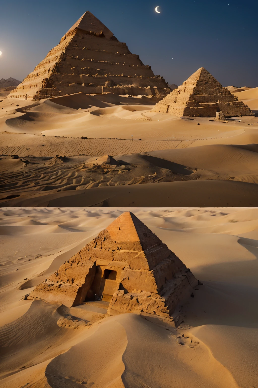 Draw in the desert at night with sand with the moon in the background a temple with a pyramid some mummy tombs around