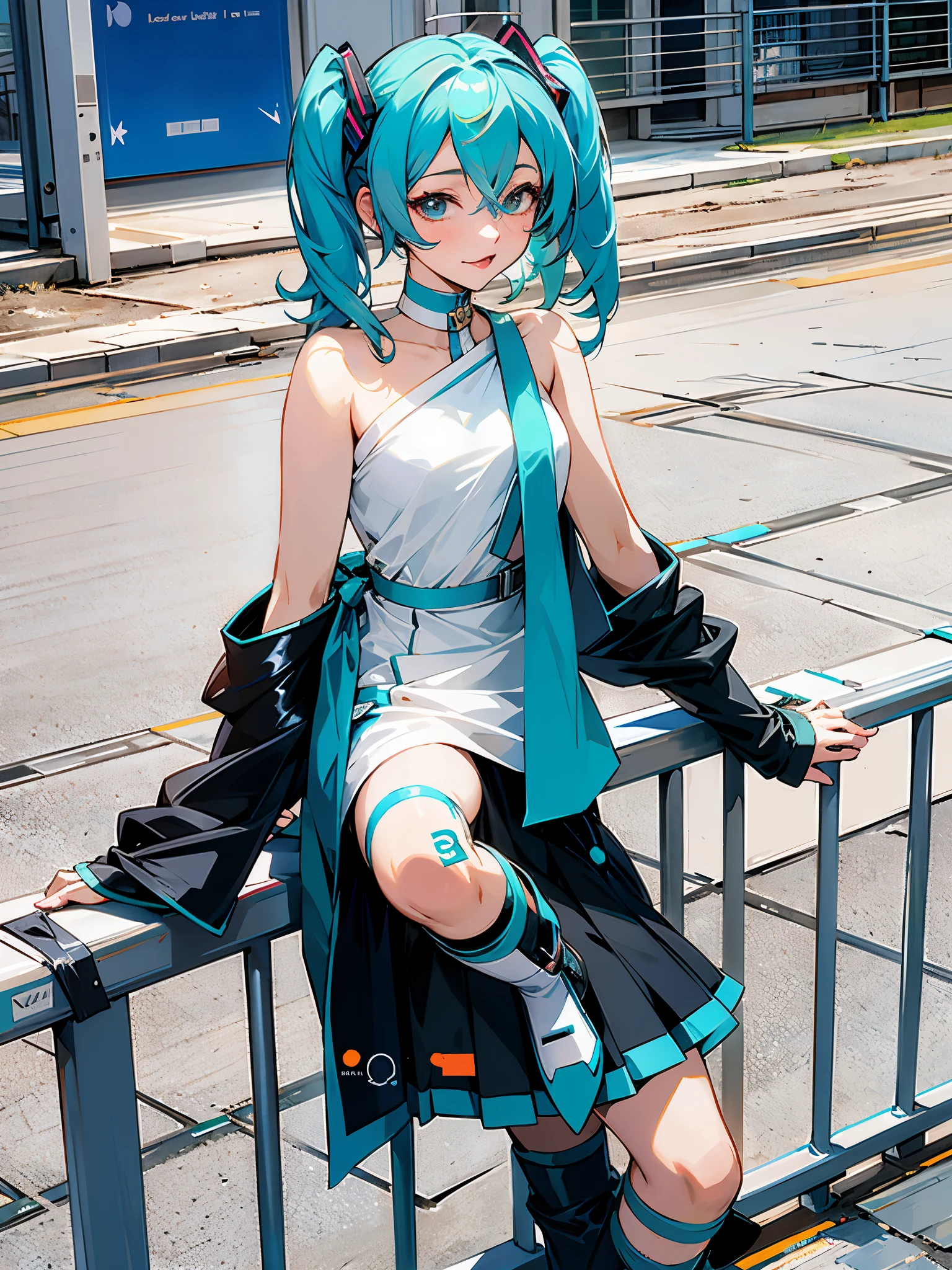 Arav posing on railing in costume and boots, hatsune future role play, anime girl role play, anime role play, hatsune future, futuredayo, future, singing voice, real life anime girls, role play, anime inspiration, role play photo, professional role play, role player, portrait of hatsune future, hatsune future short hair