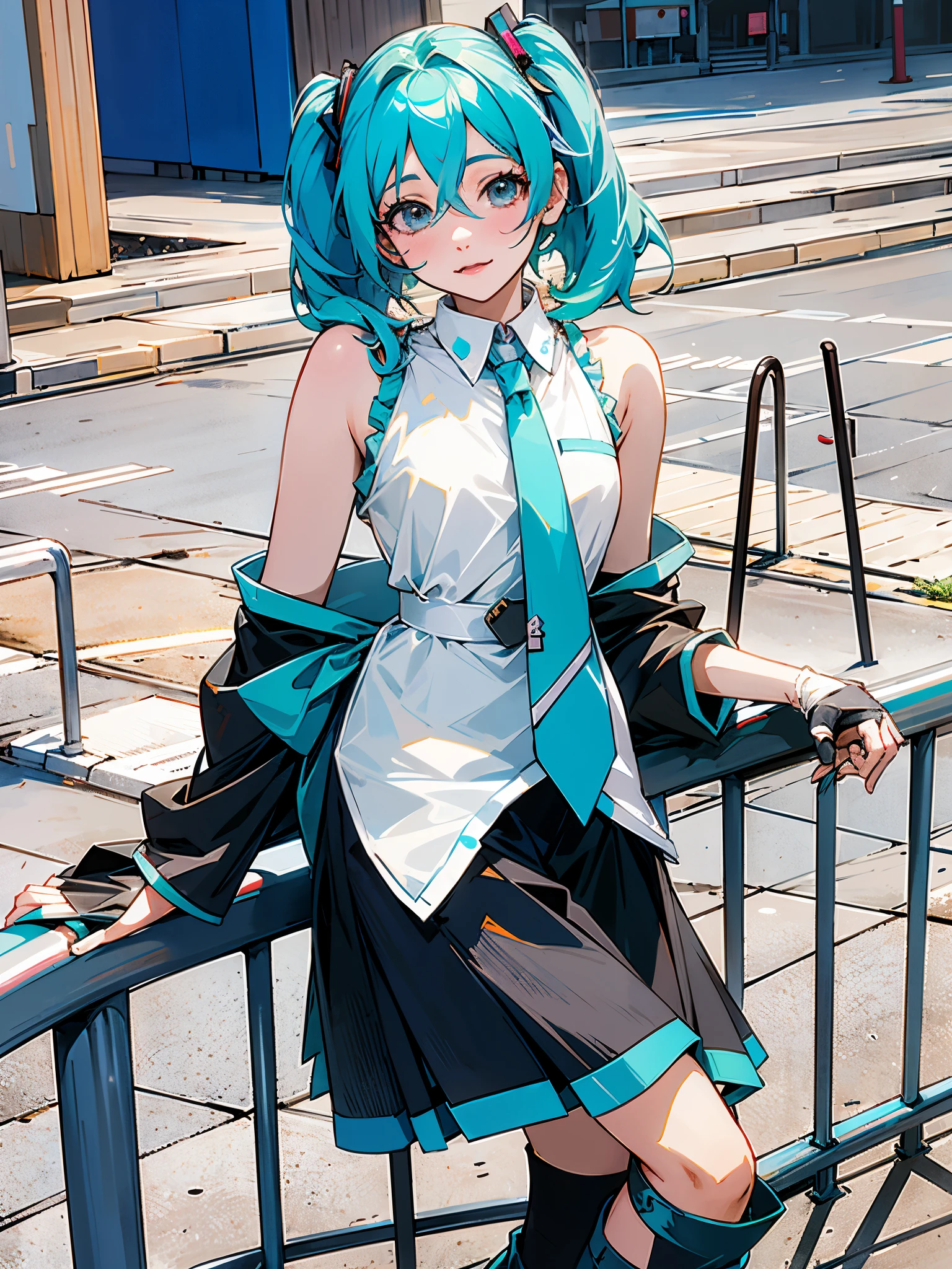Arav posing on railing in costume and boots, hatsune future role play, anime girl role play, anime role play, hatsune future, futuredayo, future, singing voice, real life anime girls, role play, anime inspiration, role play photo, professional role play, role player, portrait of hatsune future, hatsune future short hair