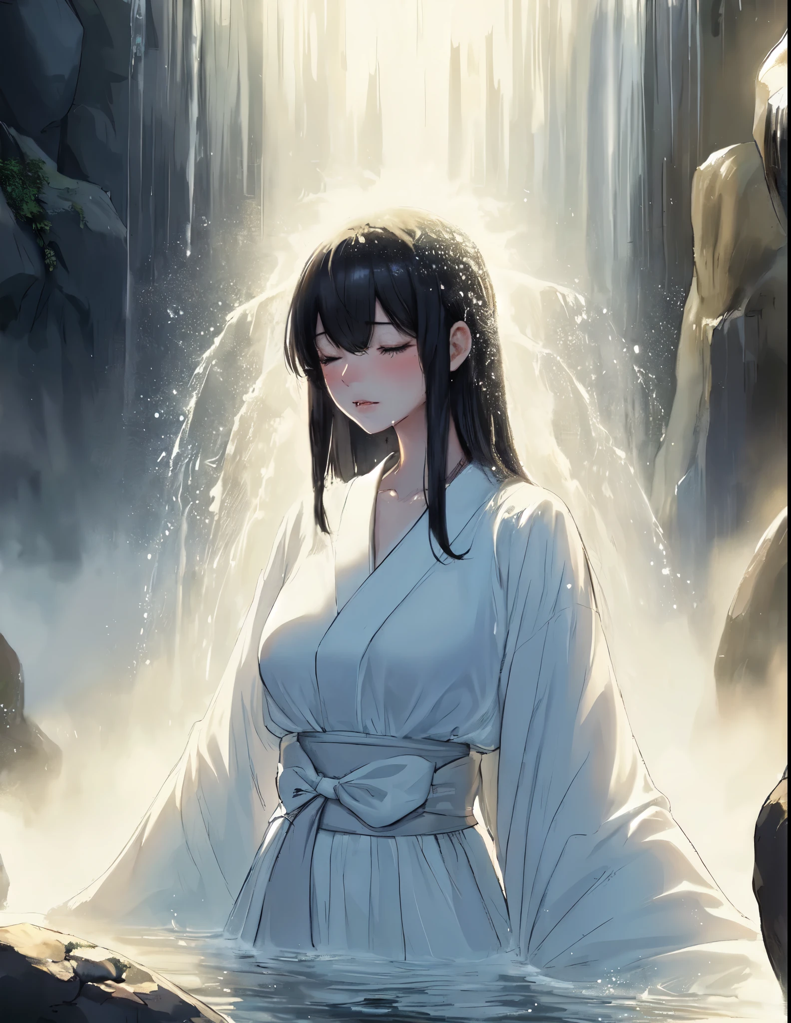 1lady solo, (standing under waterfall), (facing down), kimono (pure white robe:1.1), mature female, /(black hair/) (straight hair) bangs, blush (eyes lightly closed:1.1), (masterpiece best quality:1.2) delicate illustration ultra-detailed, large breasts BREAK (waterfall) outdoors, sacred spot, splash, rocks, (waterfall sparkle in the sunlight), detailed background