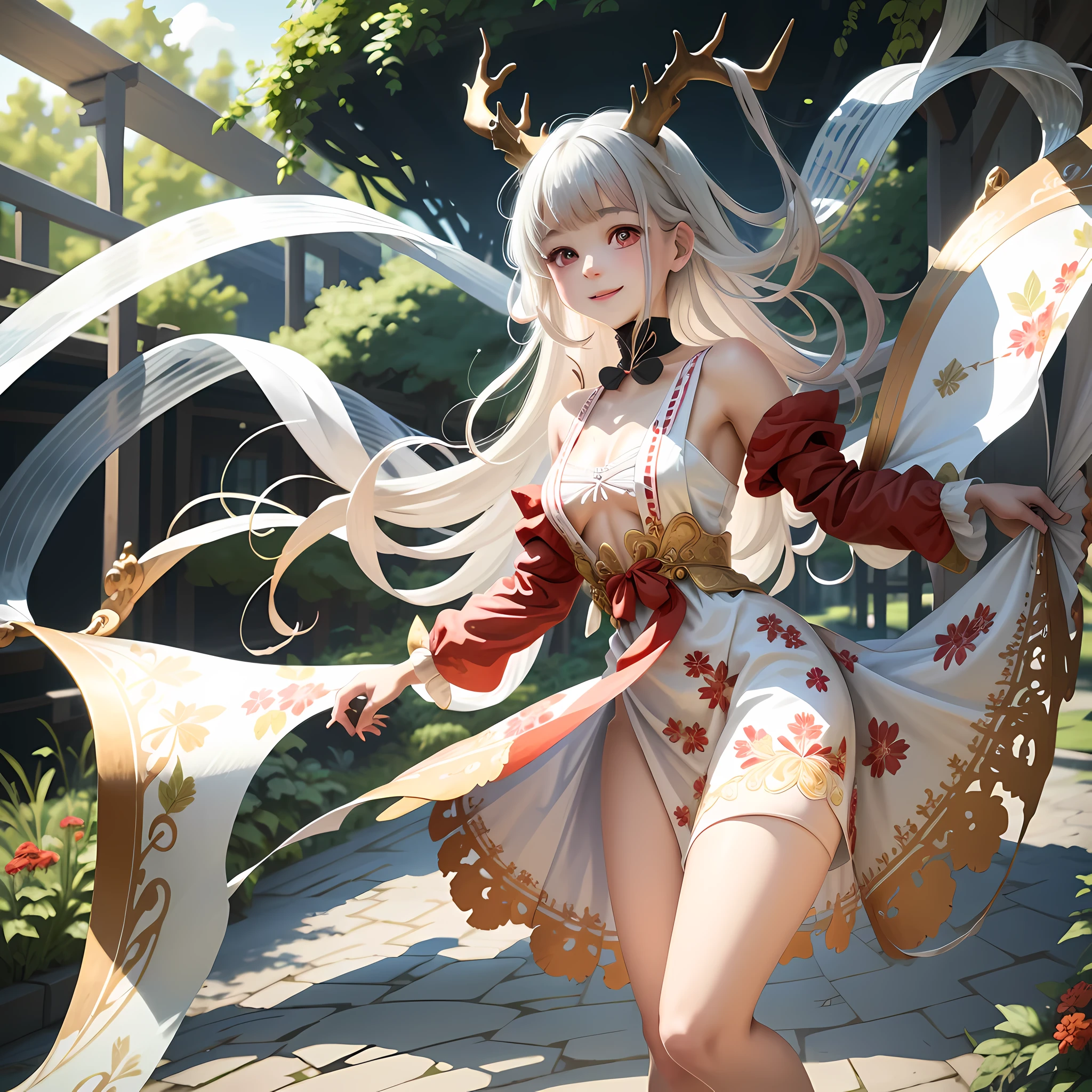 Masterpiece, Best quality, Absurd, Ideal Anatomy, small breasts, 1 girl, One, Pascal Tales, long hair, Beautiful, cheerful, sunny day, Botanical Garden, Summer breeze, sundress, Floral pattern, Wavy hair, smiling, Red eyes, horns from the head, Little Dress, преRed eyes