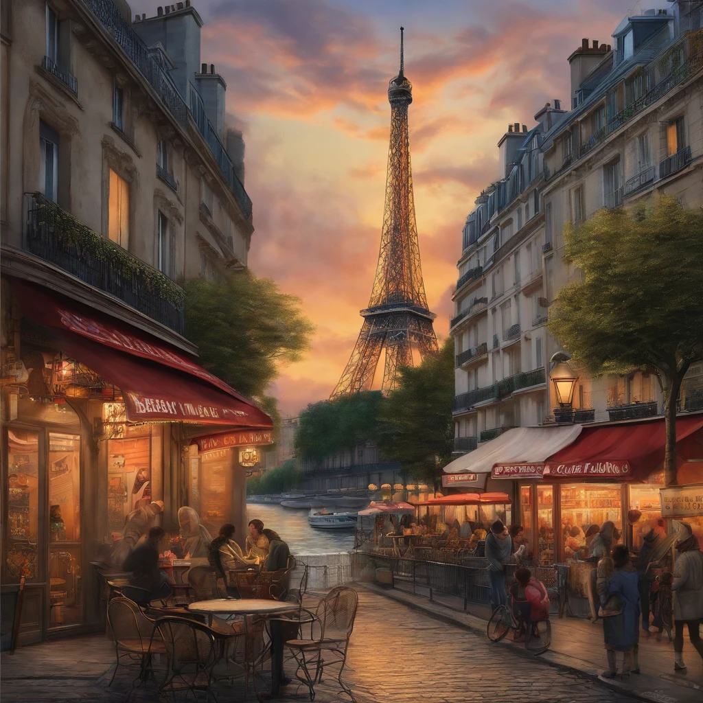 (a beautiful view of the Eiffel Tower,lovely Parisian streets,romantic Paris at night,gorgeous sunset over the Seine River,classic Haussmannian architecture),oil painting,historical landmarks,people cycling,sidewalk cafes,expressionist brushstrokes,vibrant colors,soft natural lighting,atmospheric perspective,iconic landmarks of Paris,artistic interpretation of the city of love