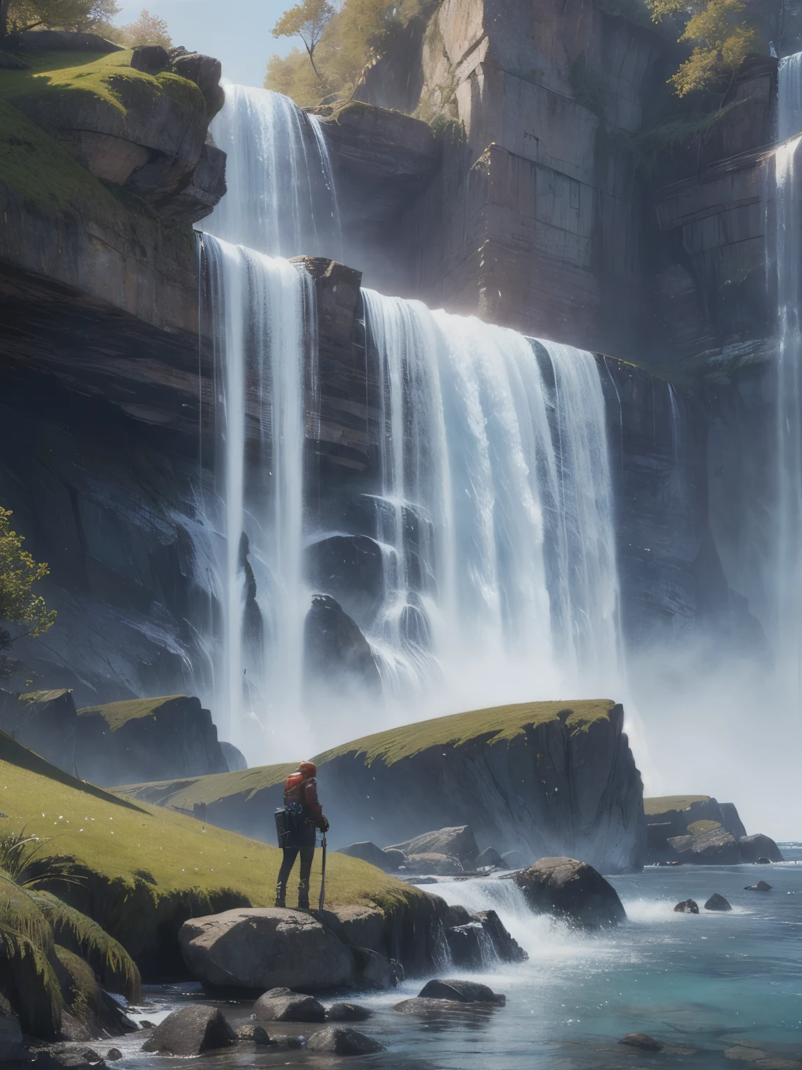 帕德农神庙在on the cliff,on the cliff,waterfall,look up,Blue water,Rendered by Octane,(masterpiece), (Extremely detailed and highest quality CG Unity 8K Wallpapers Best Best Illustrations),photo grade,Super realistic light and shadow,halo
