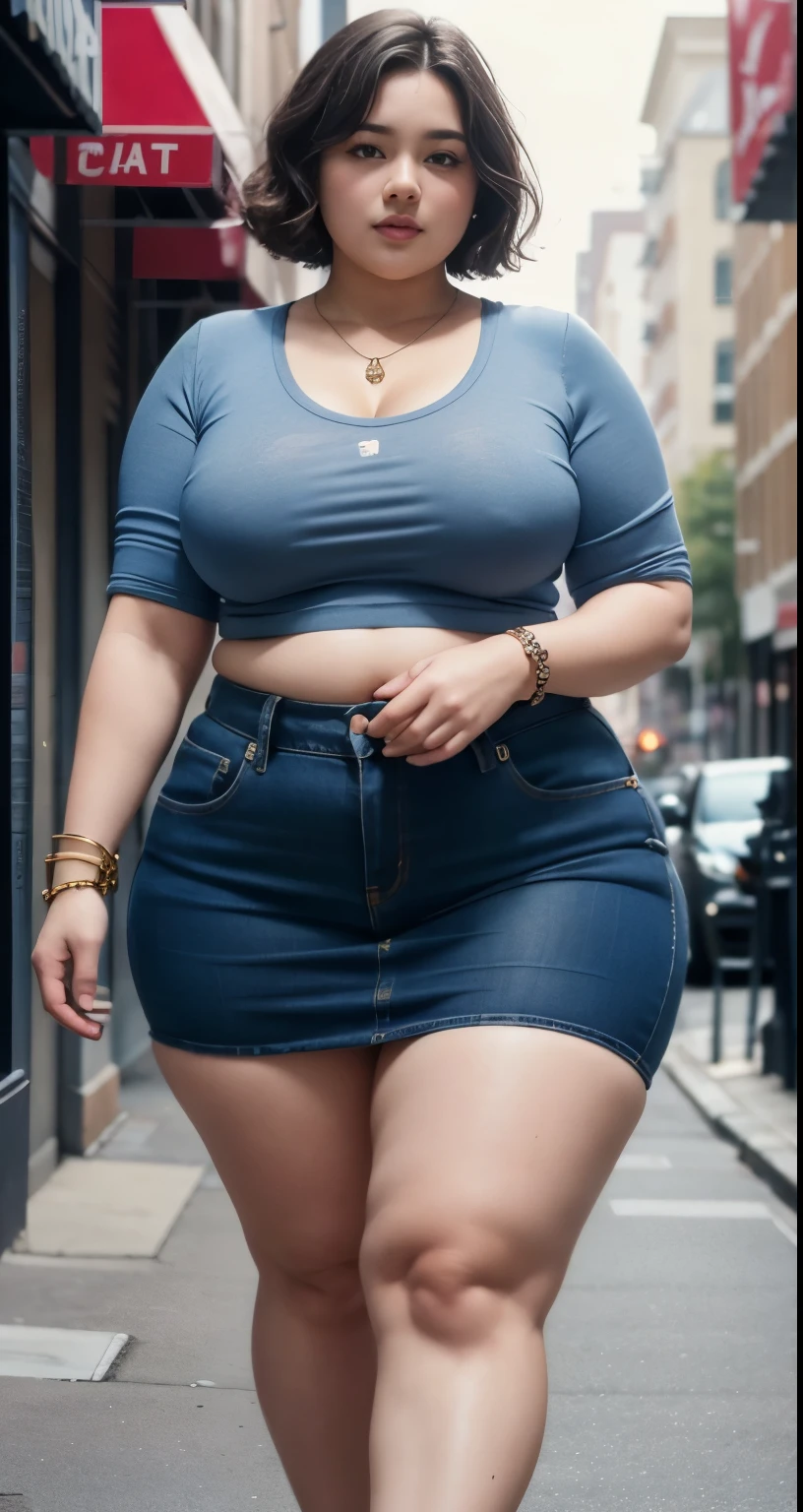 ((best quality)), ((masterpiece)), (detailed), perfect face, araffe woman in a long dark-blue shirt and blue denim skirt walking down a street, thicc, wavy short hair , she has a jiggly fat round belly, bbwchan, wearing tight simple clothes, skinny waist and thick hips, widest hips, her belly is fat and round, soft curvy shape, hyperrealistic full figure, wearing a cute top, wide hips, wearing 10 bracelet , wearing huge diamond necklace