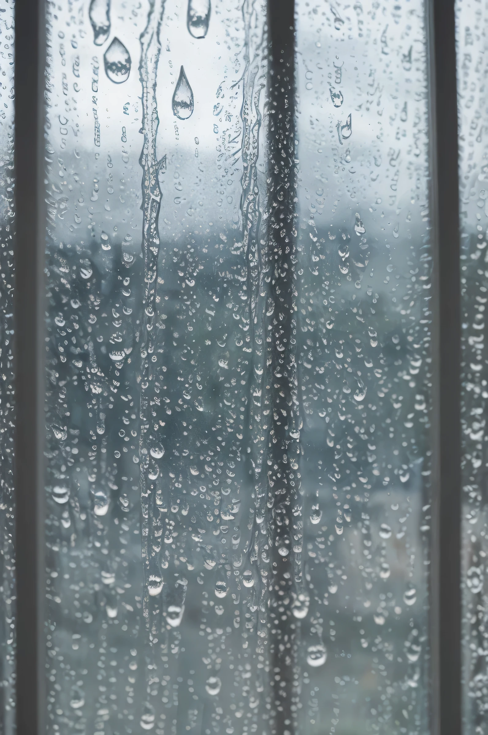 Create a detailed, realistic image of raindrops clinging to a glass window. The scene captures the intricate patterns of the raindrops, each one reflecting the world outside with subtle distortions. The background, seen through the wet glass, should be a blurred mix of urban or natural elements, adding depth and context without detracting from the raindrops themselves. The lighting should suggest a gray, overcast day, enhancing the moodiness and texture of the rain-streaked window. The overall effect should be one of introspection and tranquility, inviting the viewer to pause and observe the quiet beauty of a rainy day. --shot on Fujifilm, Fujicolor C200, depth of field emphasized --ar 16:9 --style raw