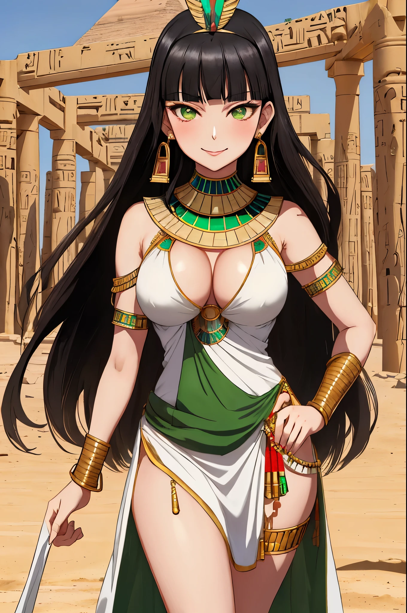 Masterpiece,Dia Kurosawa,black hair, green eyes,beautiful ,arrogant,(one hand on hip),cleavage, thighs, (white exposing Egyptian dress), tiara,in Egyptian desert,smile